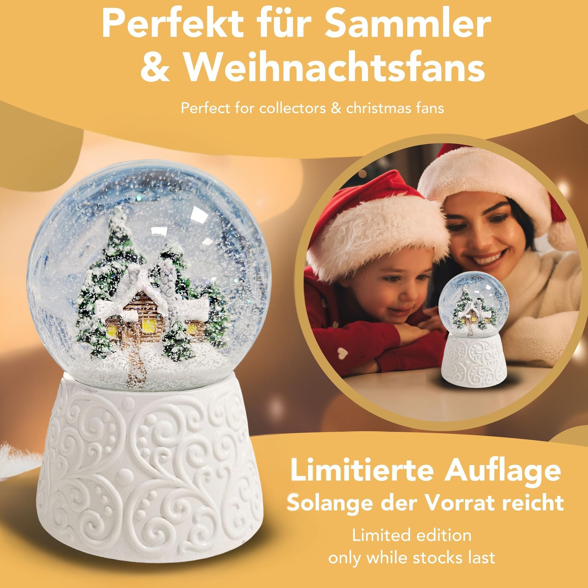 Schneekugel Spieluhr Weihnachten | Hüttenzauber Winterhütte Berghütte | Sockel weiß Nostalgie | Höhe: 140mm, Durchmesser 100mm | Schüttelkugel Weihnachtsdekoration | 20326