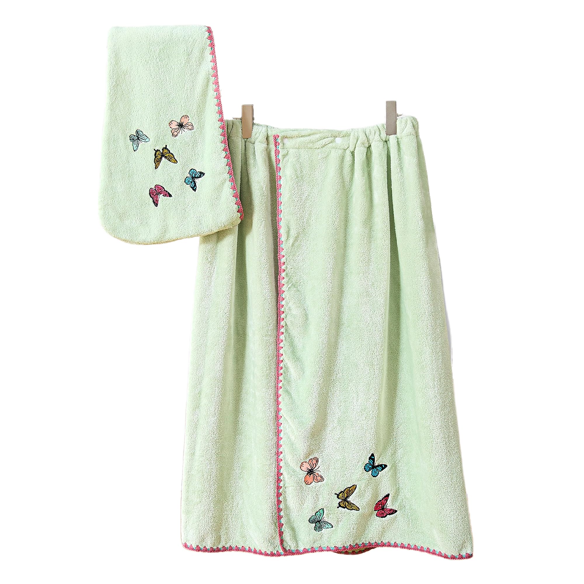UINSUE 2PCS Hair Drying Cap & Bath Skirt Butterfly Embroidery Coral Fleece Quick Dry Bath Set Soft Spa Wrap for Home Travel Gift Set (Mint Green)