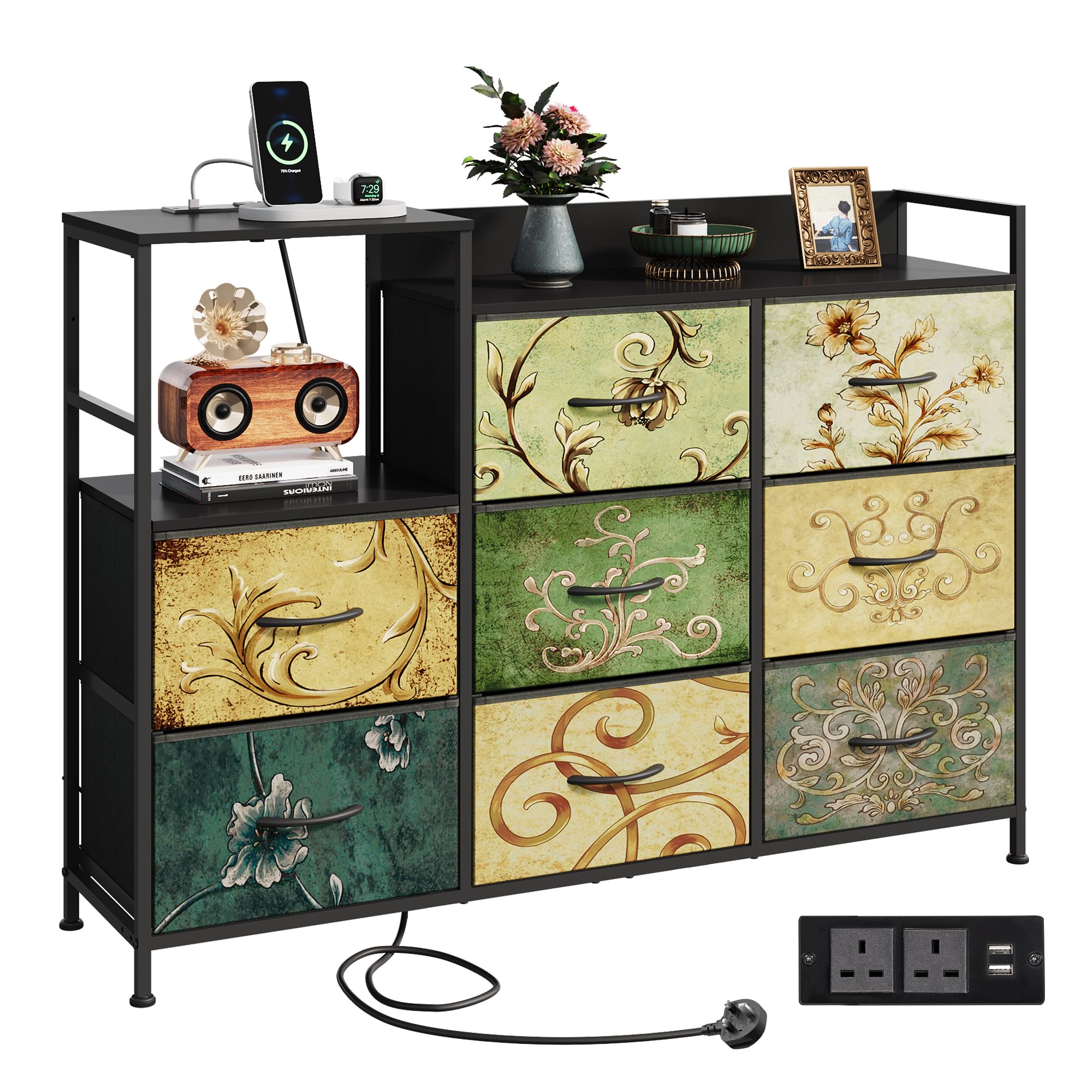 WLIVE Chest of Drawers with Charging Station, 8 Fabric Storage Drawers with Metal Frame and Wooden Top, TV Media Console Table Open Storage Shelves for Bedroom, Living Room, Hallway, Retro
