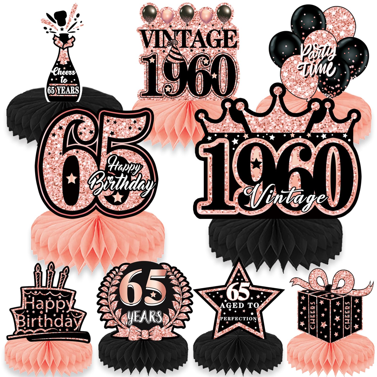 Refavor 65th Birthday Decorations for Women, 9PCS Vintage Honeycomb Centerpieces Table Decorations, Happy 65 Years Birthday Party Decor Supplies Women