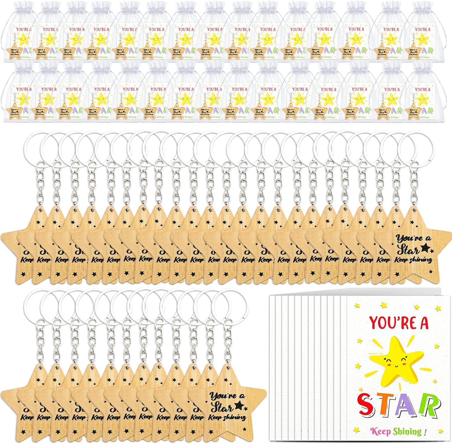 FAMINESS 30Pack School Leaver Star Keyring Gifts Class End of Term Star Token Favor Teacher to Pupil Leaving Gift You're a Star Keep Shining End of Term Gifts for Students Wooden Token