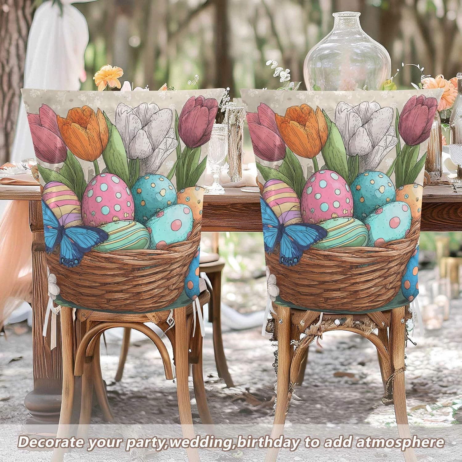 ALAZA Vintage Easter Eggs Tulip Flowers Chair Back Cover Set of 6, Washable Reusable Removable Chair Slipcovers Decorative Chair Cover for Home Kitchen Wedding Party