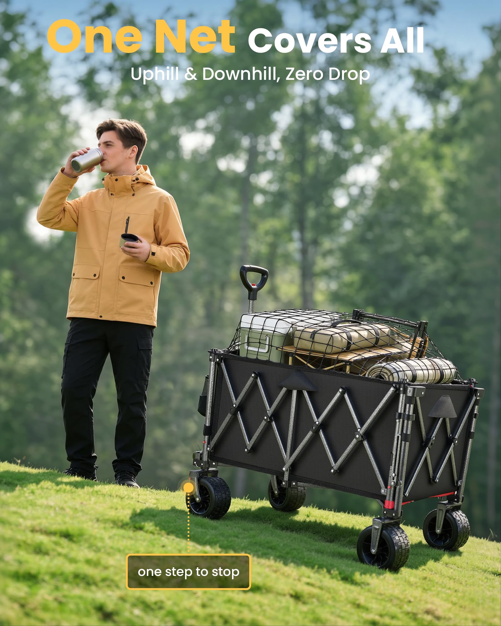 YEAUPE PRO Carro Playa Plegable con Freno 200-300L 200kg Negro | Estructura doble con panel trasero abatible, mango ajustable y diseño plegable para objetos largos en playa, camping y jardín