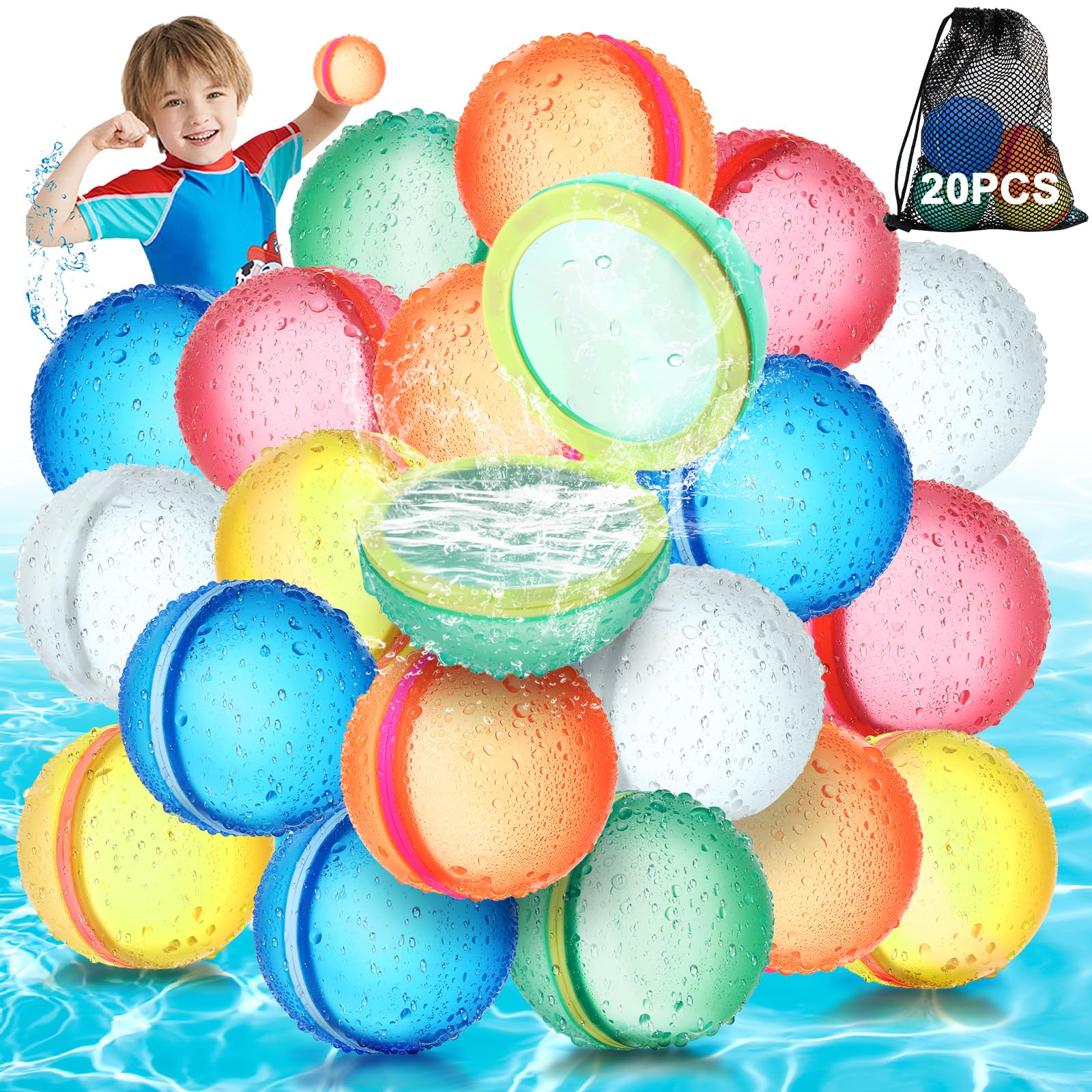 WHDPETSReusable Water Balloons, Refillable Magnetic Water Bombs, Quick Fill and Self Sealing Water Splash Balls for Kids Pool Outdoor Beach Summer Partys (20PCS)