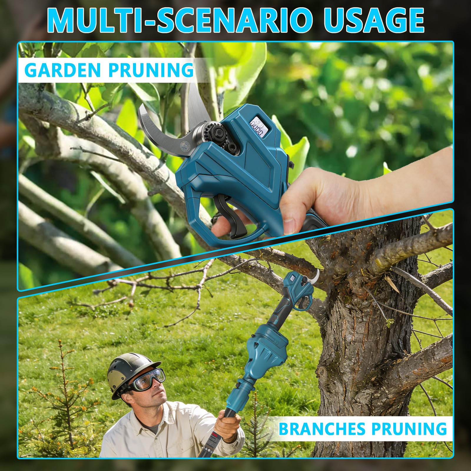 Roadtime 2 en 1 Podadora telescópica Eléctrica para Makita 18V(sin batería) | extensible Tijeras de jardín pantalla LCD, 35mm diámetro corte, alcance total 4.2m, ramas, jardinería profesional