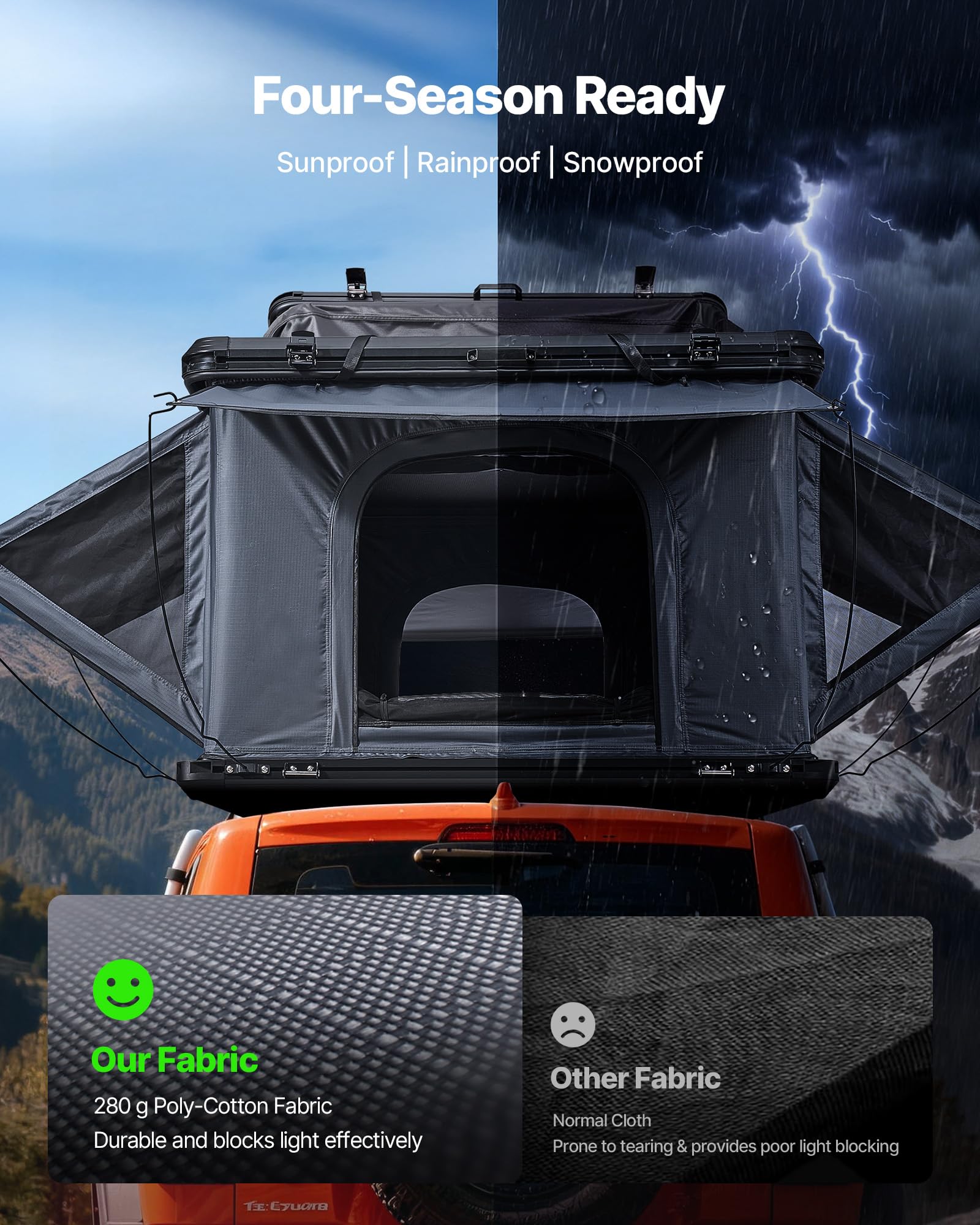 VEVOR Tente de Toit pour Voiture, Tente de Toit à Coque Rigide pour 2-3 Personnes, pour Camping Caravane SUV, en Alu, avec Éclairage LED Tricolore, Matelas Épais et 2 Fenêtres, Étanche et Coupe-Vent