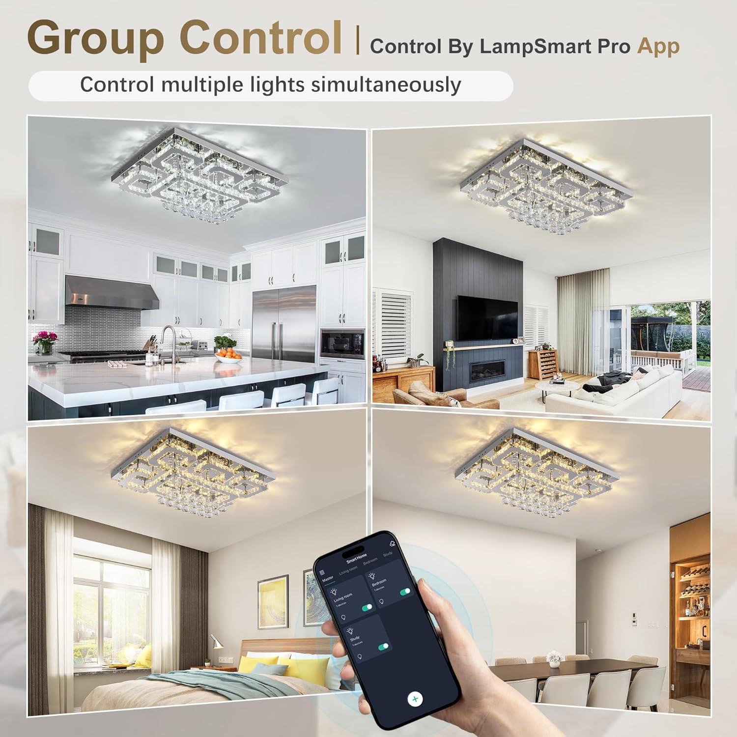 32" Crystal Flush Mount Chandelier with Remote/App Control, Modern LED Ceiling Light with 3CCT Dimmable, Elegant Chandeliers for Bedroom Living Room Dinning Room Hallway Kitchen