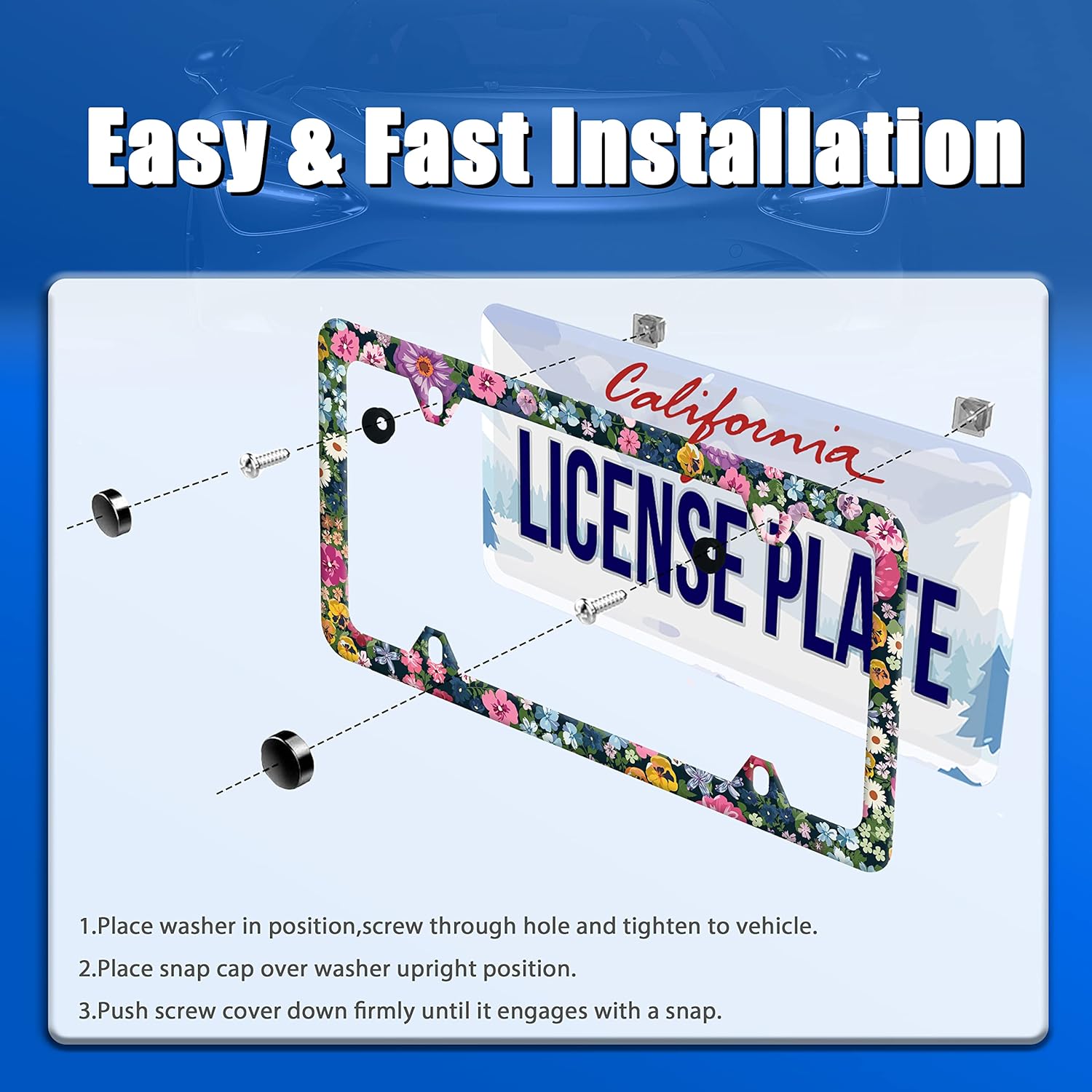 【2Pcs】 Watercolor Flowers Floral License Plate Frame Cute Daisy Blossoms License Plate Stainless Steel Car Accessory Personalize Colorful License Plate Screws Decorative 12.3" X 6.3"