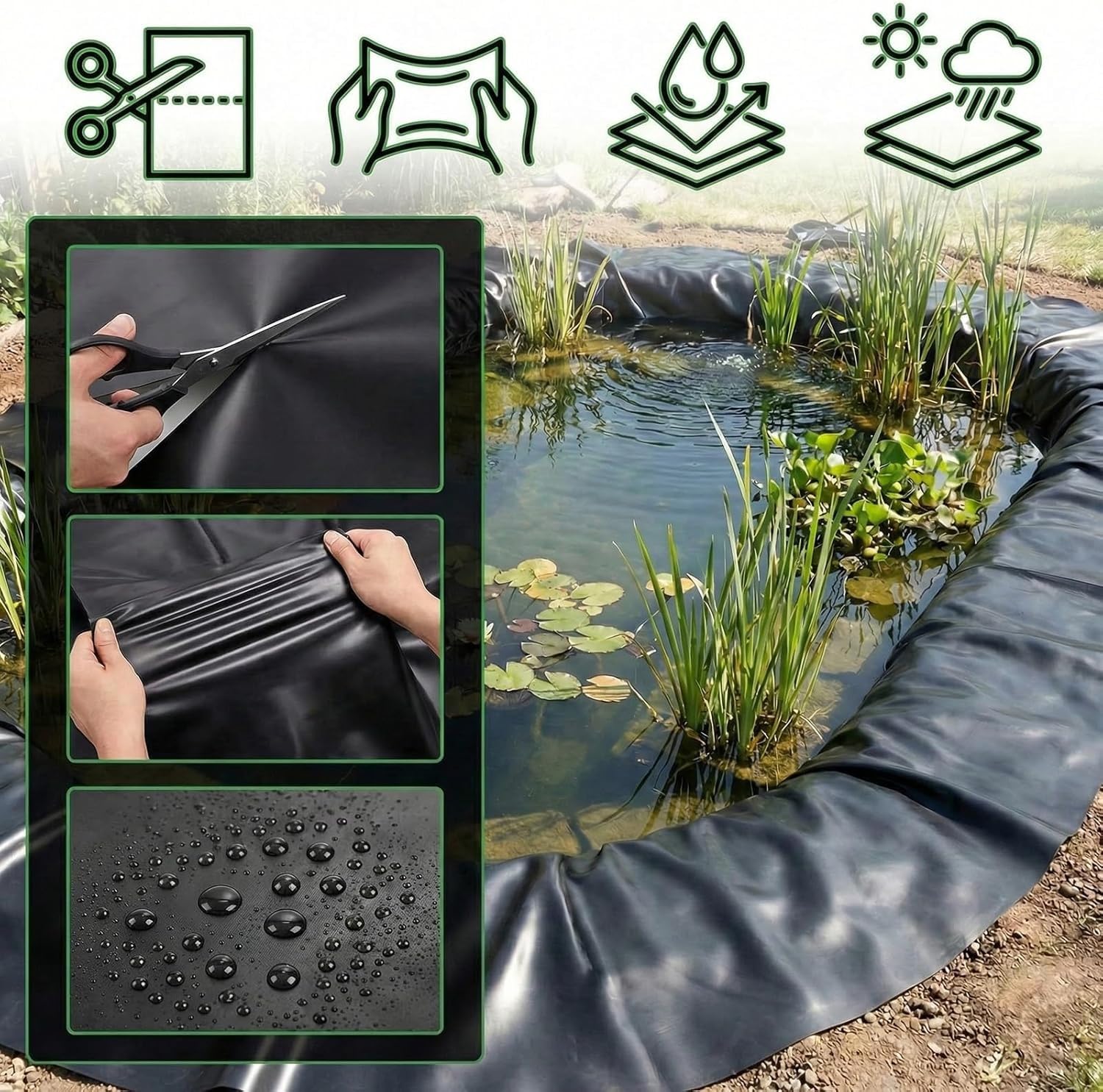Lona Estanque 2x2m/6.56x6.56ft,Duradero,Impermeable,Apto para Estanques de Peces,Fuentes de Jardín y Lagunas;HDPE de 0,15 mm,Apto para Todas Las Estaciones