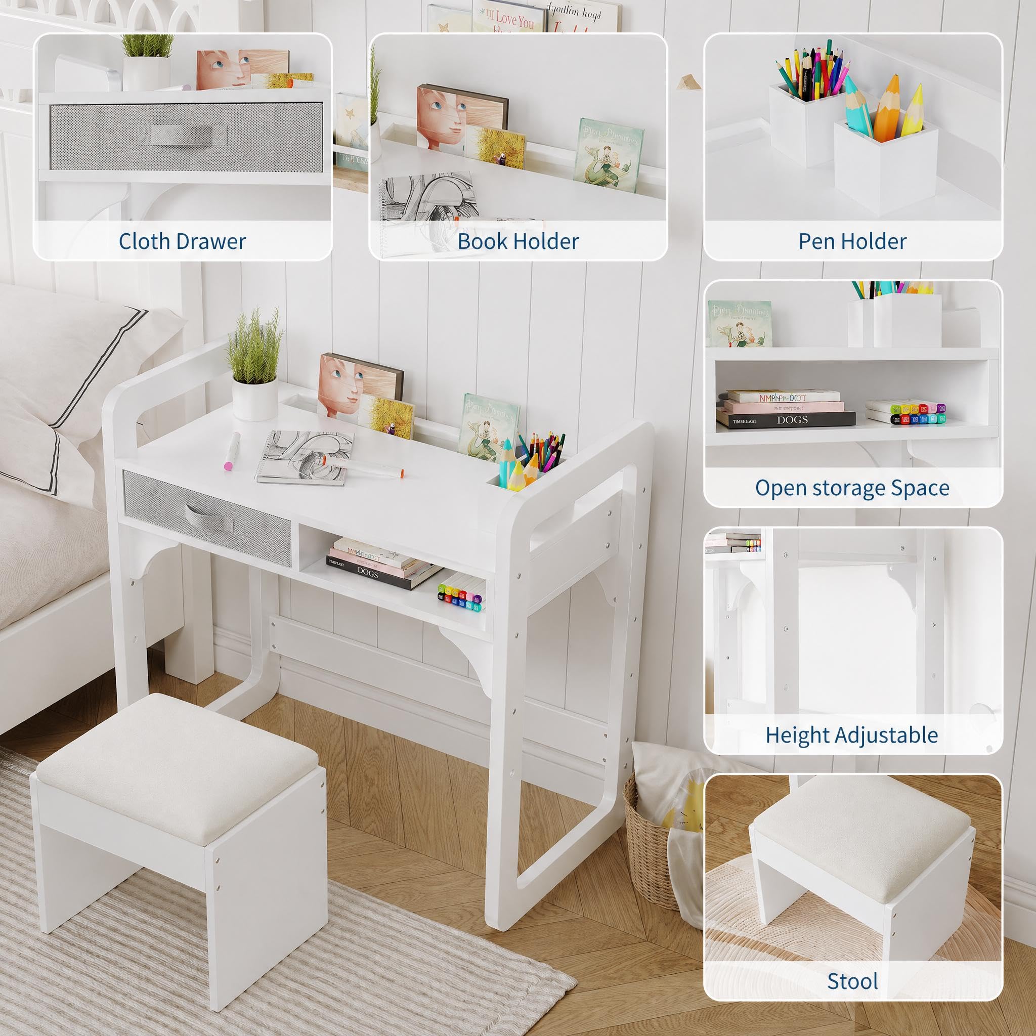 Kinderschreibtisch Mit Stuhl Set, Höhenverstellbarer Kindertisch Mit Stauraum, Ergonomischer MDF Holz Basteltisch Maltisch Ab 3-8 Jahre, Schreibtisch Kinderzimmer Mädchen Jungen, Weiß
