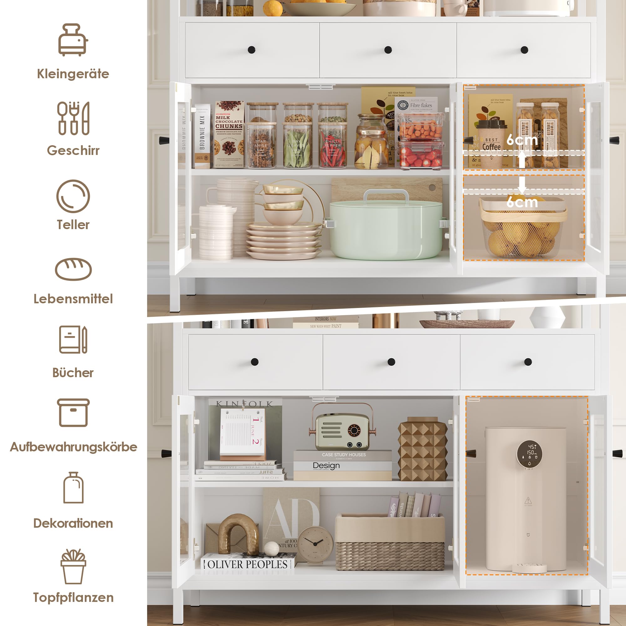 FirFurd Sideboard Küchenschrank mit Arbeitsplatte 3 Schubladen 3 Glastüren | Buffetschrank mit offenem Fach, Küchenbuffet mit Metallrahmen, für Wohnzimmer Küche Esszimmer, 108 x 38 x 98,5 cm