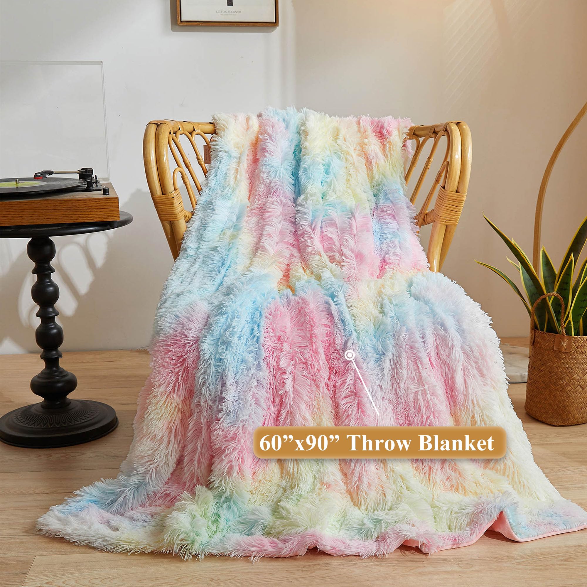 XeGe Luxury Faux Fur Blanket, Rainbow Soft Big Fluffy Throw, Shaggy Plush Tie Dye Decorative Couch Throw - Image 2