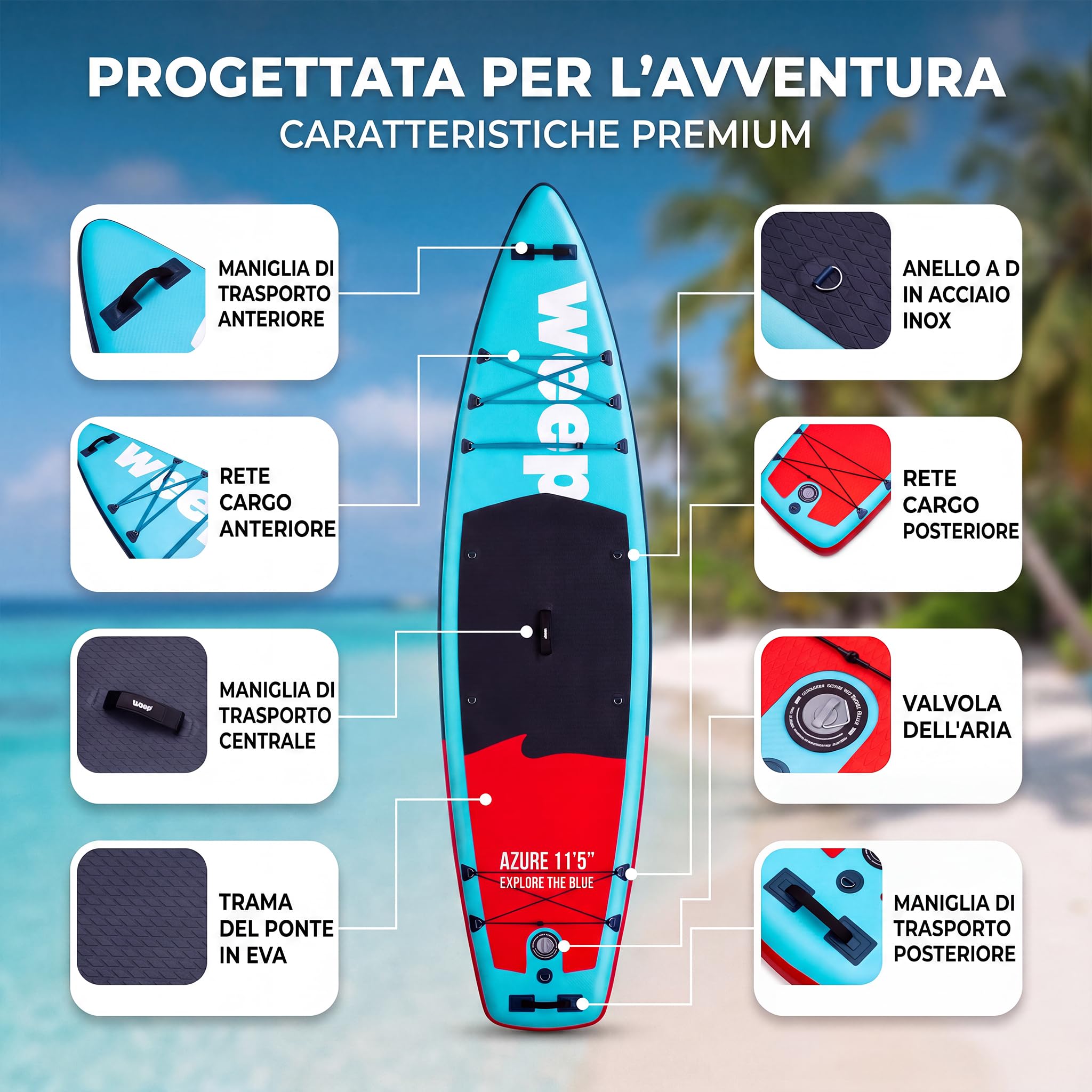 WEEP SUP Gonfiabile 10.6 & 11.6 & 12 piedi, Tavola SUP Gonfiabile con Pagaia 2in1, Pompa, Zaino, Leash e 3 Pinne, Paddle Board Gonfiabile Completo per Mare, Touring, Yoga e Tempo Libero