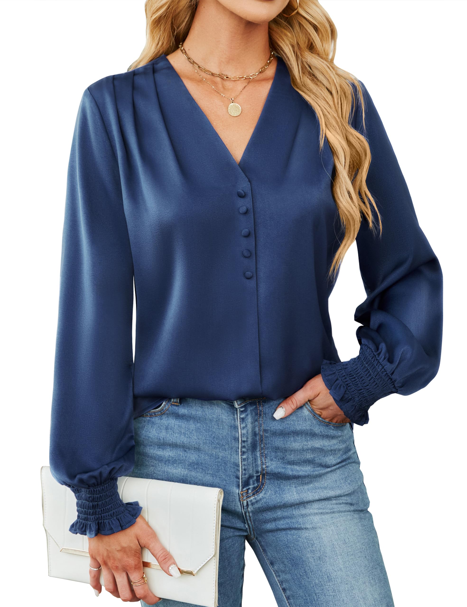 BMJL Women's Blouses Dressy Casual Satin Silk Long Sleeve Shirts Business Casual Tops