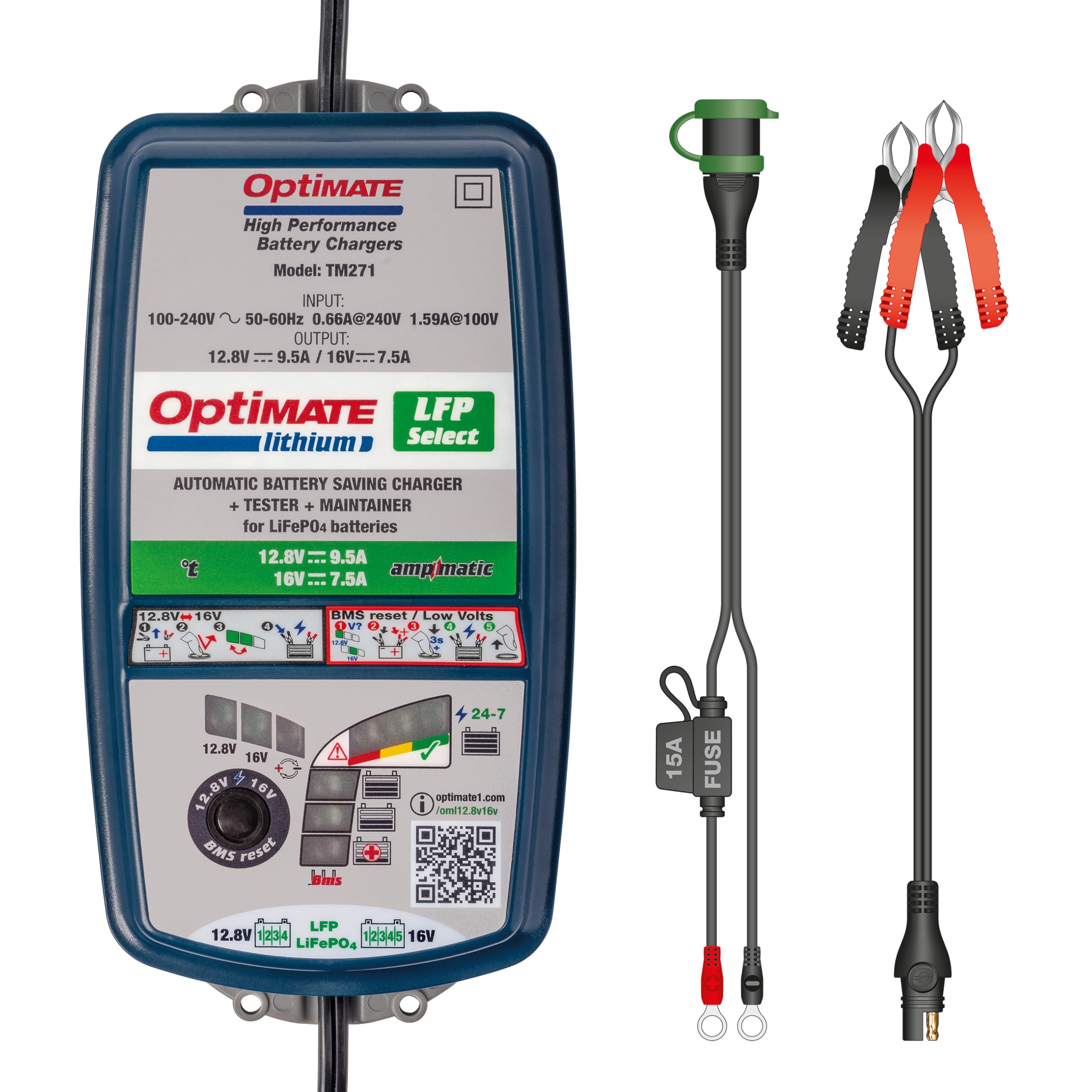 Optimate Lithium LFP Select, TM271v2, 10-Step 12.8V 9.5A / 16V 7.5A High Performance Battery-Saving Charger and Maintainer