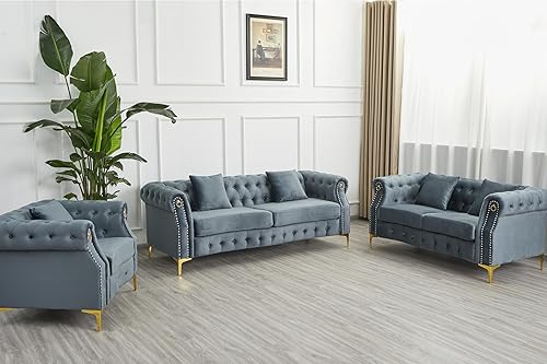 Miniatura 3 de Juego de sofá de 3 piezas, terciopelo gris, diseño copetudo con patas de metal dorado, ribete de cabeza de clavo Gris,Beige,Negro,Azul