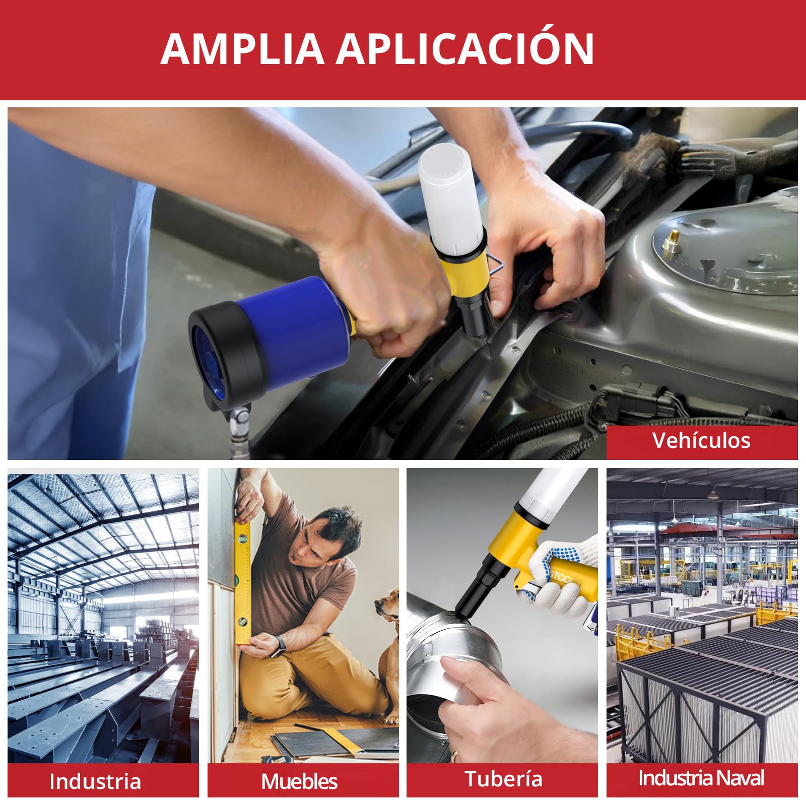 JUSTOOL Remachadora Neumática con 5 Boquillas 2.4mm,3.2mm,4.0mm,4.8mm,6.4mm,1780KGF Pistola de Remachadora Hidraulica Autocebante para la Unión de Materiales