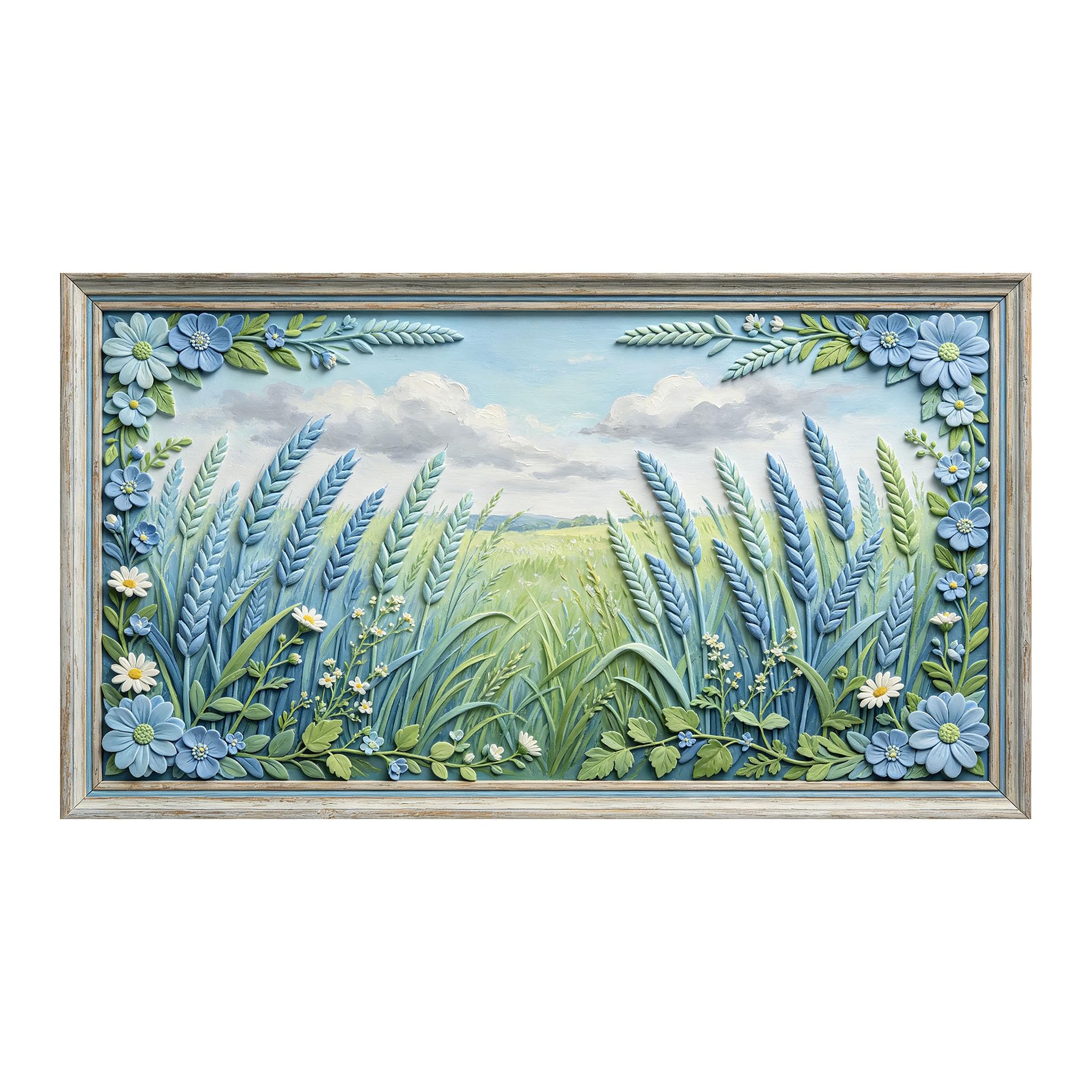 Murasolite 3D Framed Wall Art Pastoral Meadow Floral Relief SelfAdhesive Fabric Mural Wall Decor， Peel and Stick No Damage to Wall， AntiFall Safe Design for Bedroom Living Room
