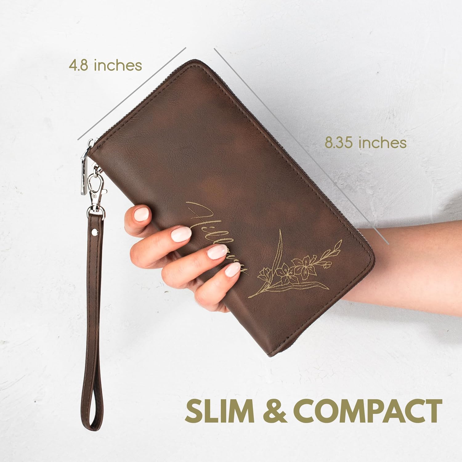 Personalized Women's Wallet with Name & Birth Flower - Customized Wristlet Wallet, Custom Engraved Bifold, 11 Card Slots, Zipper Coin Pocket - Rustic - Gift for Her, Wife, Mom, Daughter - Image 4