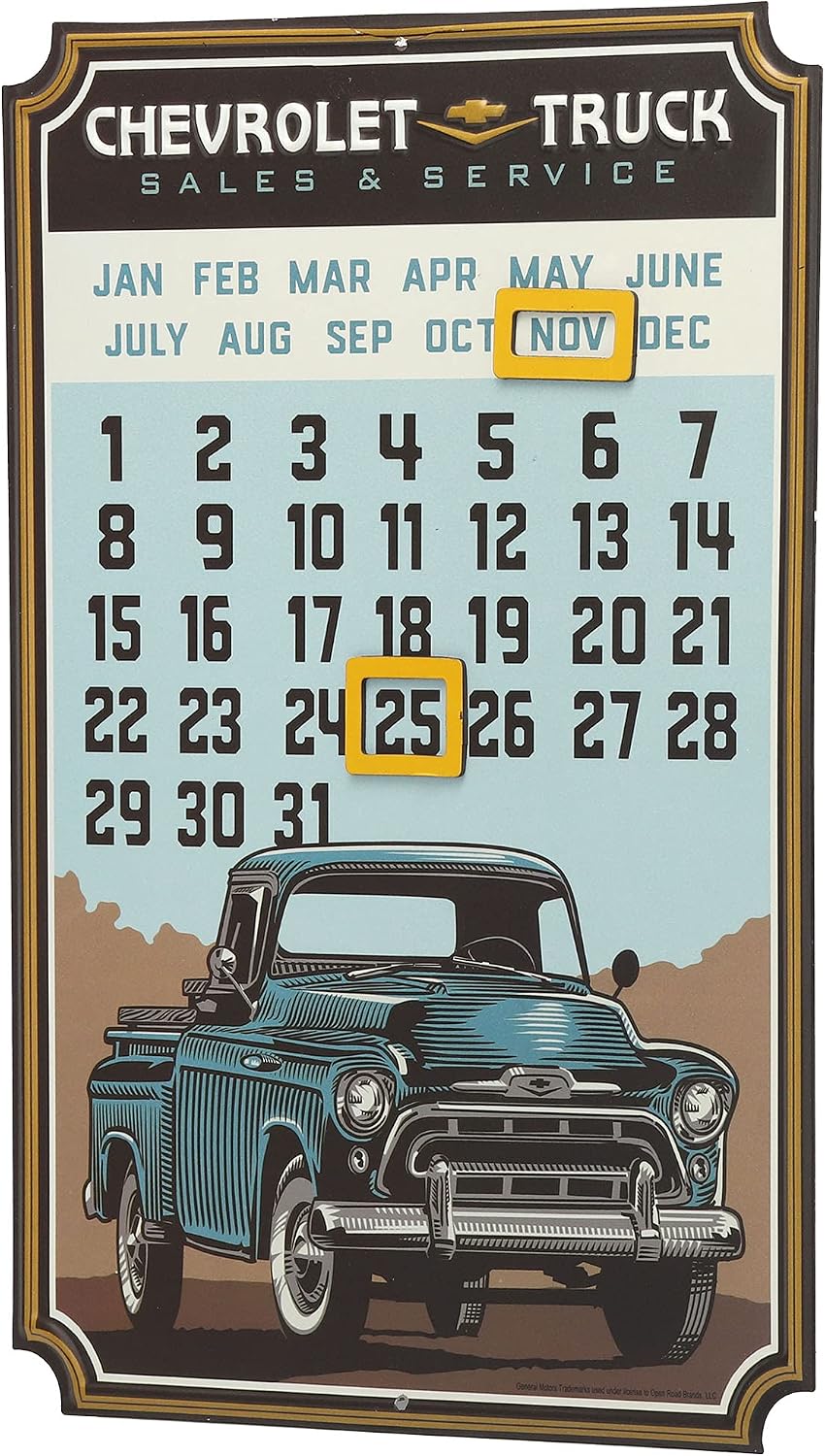 Chevrolet Truck Calendar - Vintage Embossed Metal Chevy Sign With Magnets For Garage, Shop or Man Cave Blue