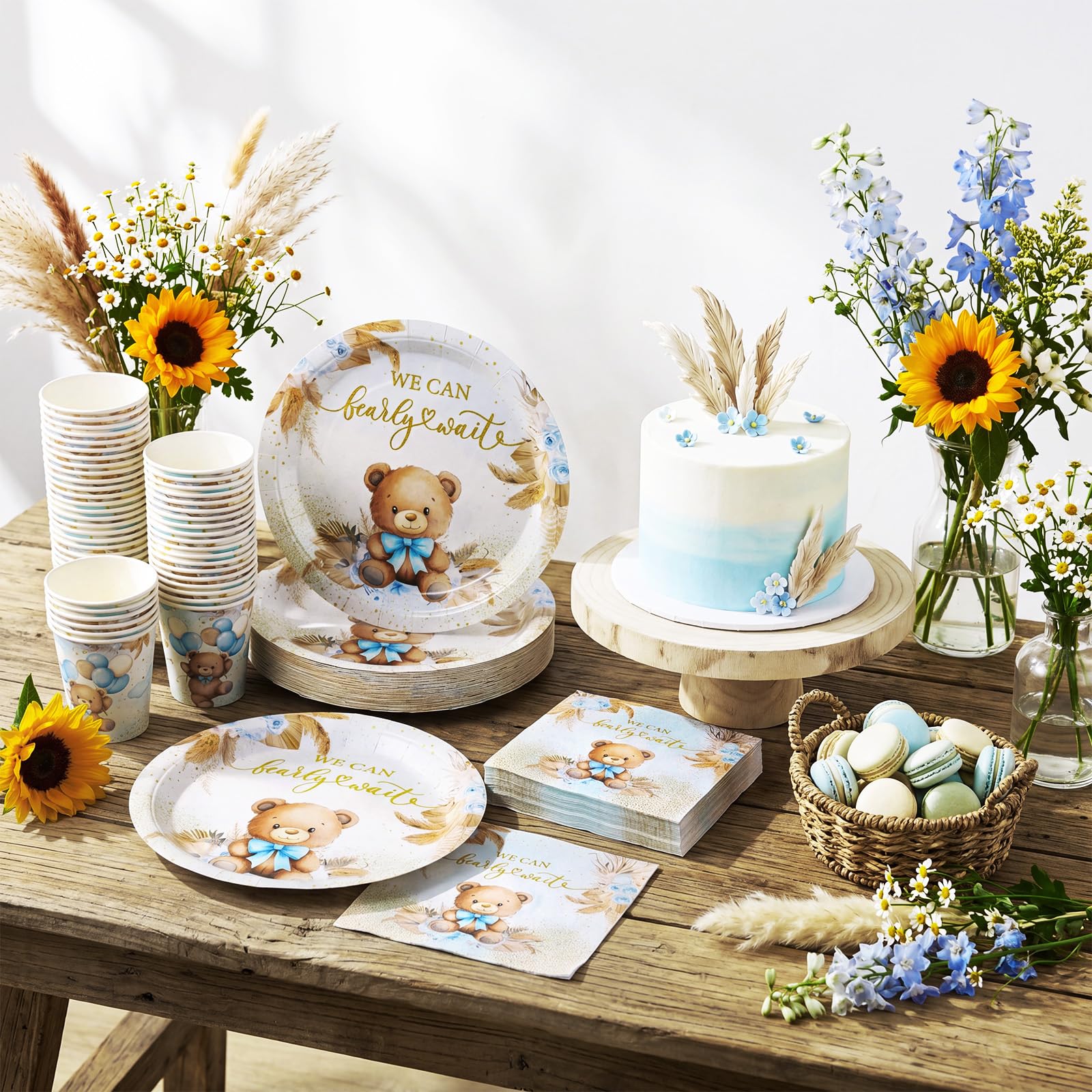 Ziliny Lot de 200 décorations de fête prénatale en forme d'ours bleu « We Can Bearly Wait » - Assiettes en papier, serviettes, tasses, fournitures de bibliothèque, lecture, club, décoration de table
