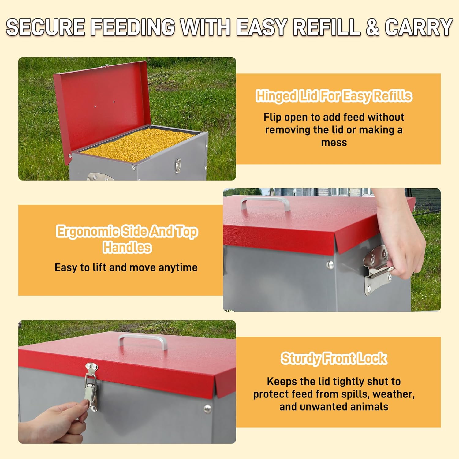 Automatic Chicken Feeder-40LB Metal Poultry Feeder No Waste with 6 Feeding Ports, Rat Proof Auto Chicken Feeders with Rust-Resistant Steel Frame, Locking Lid & Handle for Duck Geese Outdoor Use