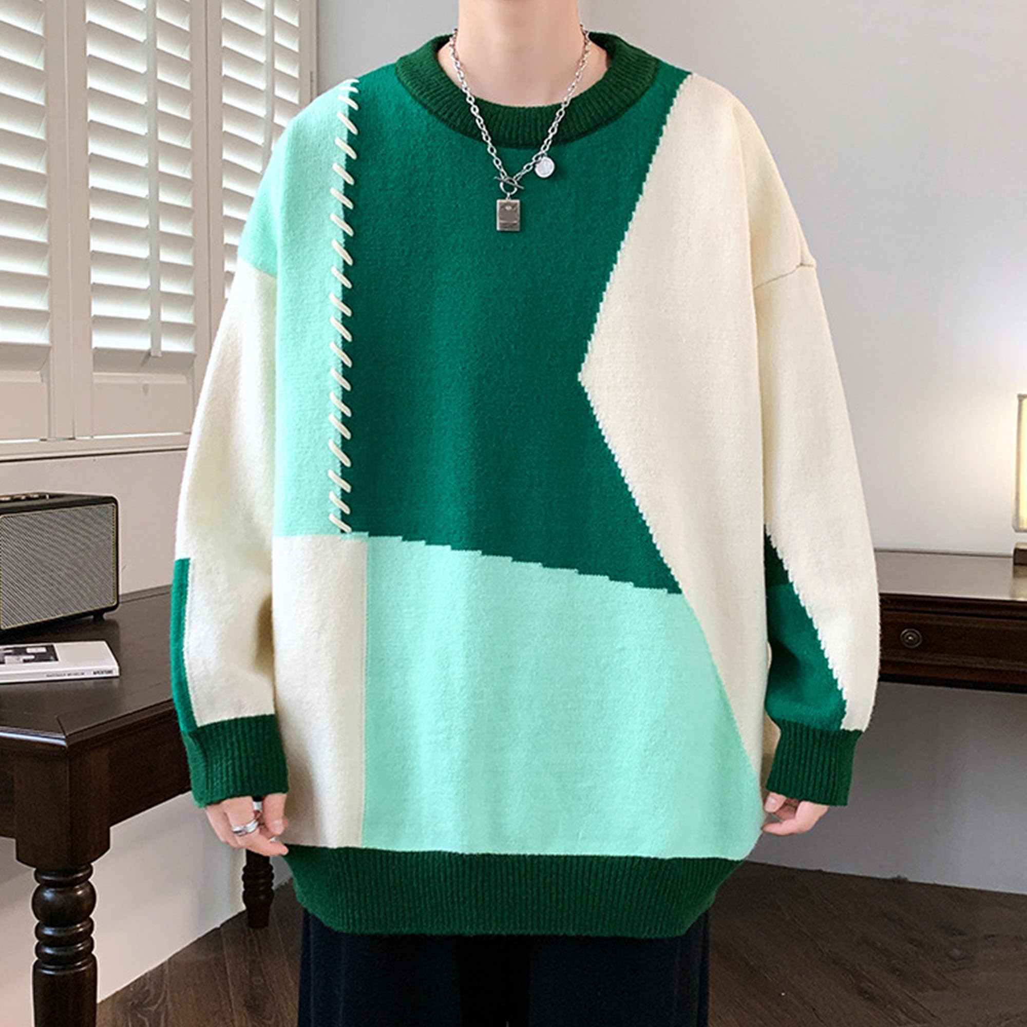 Męski patchworkowy sweter oversize kabel dzianinowy sweter w kolorowe bloki luźny krój gruby ciepły sweter sweter