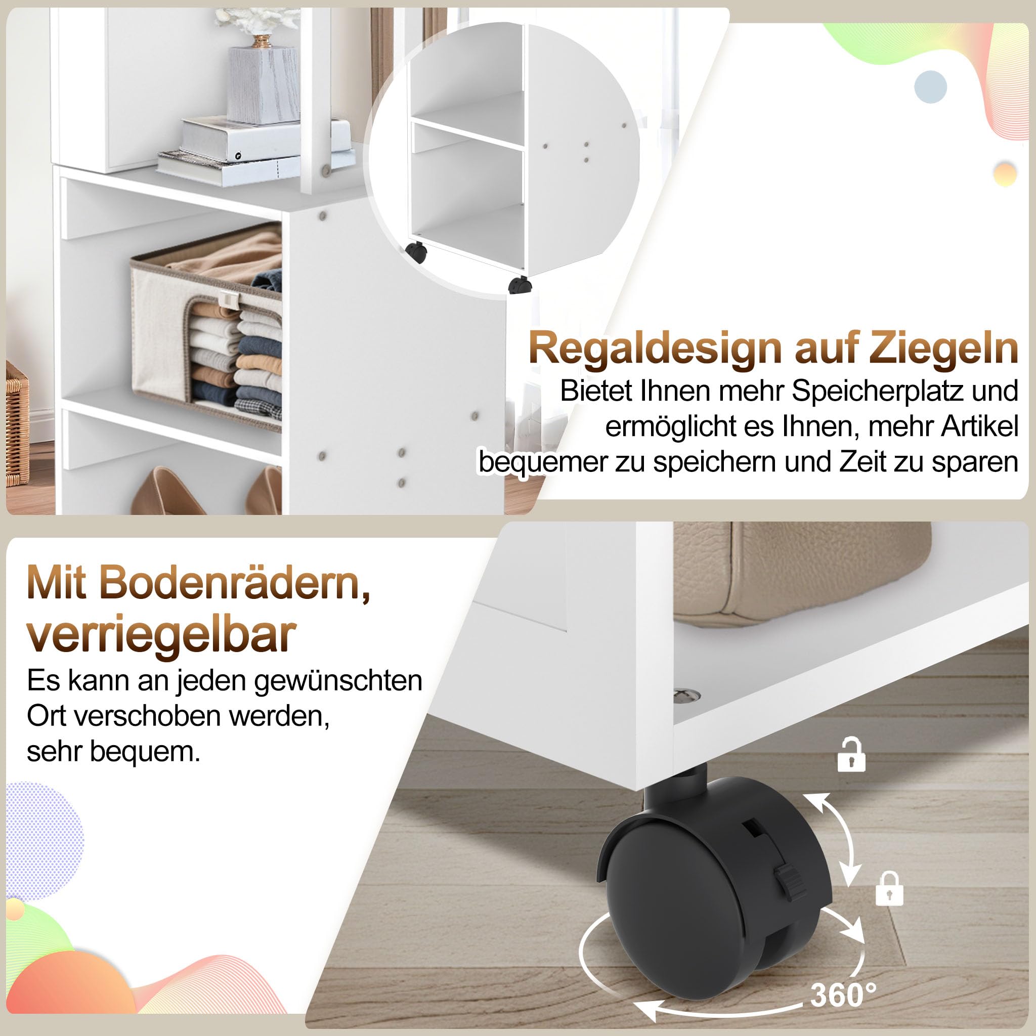 LZQ Schmuckschrank mit Spiegel und LED-Leuchten Spiegelschrank Abschließbar Schmuckorganisator mit Rädern und Ablagen 3-in-1 Schmuckaufbewahrung Schmuck-Organizer, 36 x 40 x 170 cm, Weiß