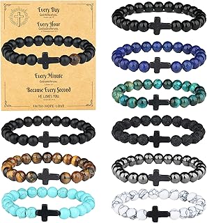 SONNYX 10PCS Religious Cross Beaded Bracelets for Men Adjustable Stretchy 8MM Natural Stone Bead