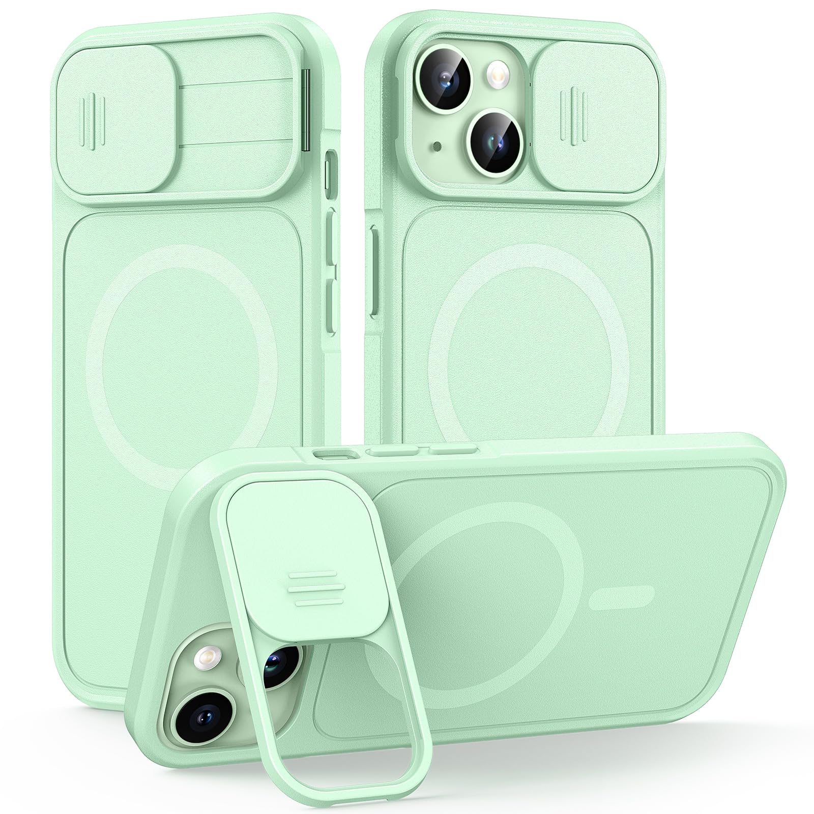 L K for iPhone 15 Case with Kickstand, Upgraded [Slide Camera Cover], Heavy Duty Magnetic Phone Case, Compatible with MagSafe, Military-Grade Drop Protection, Green, 6.1"