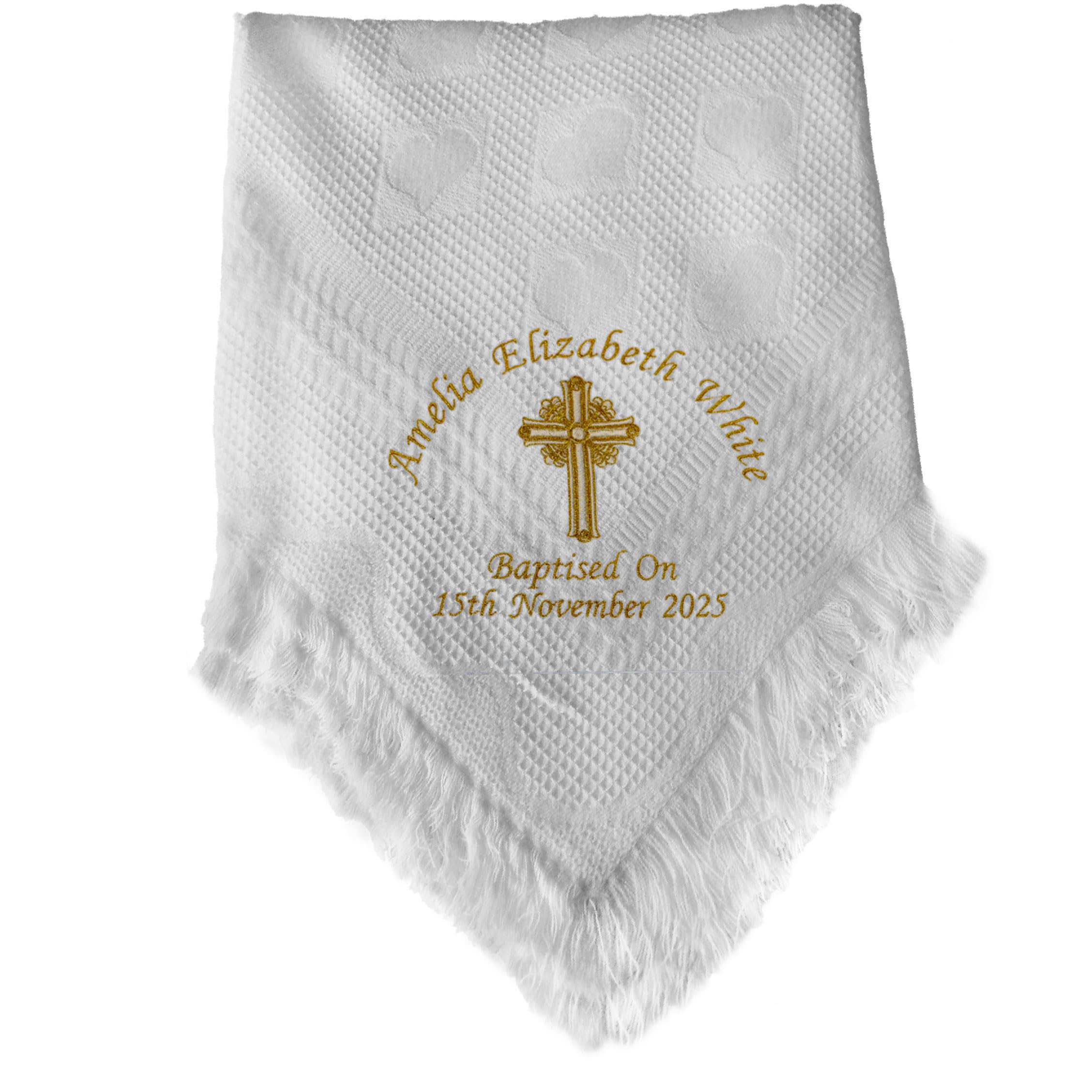Personalised Traditional Christening/Baptism Shawl, White Embroidered Baptism Blanket with Custom Cross Design and Date