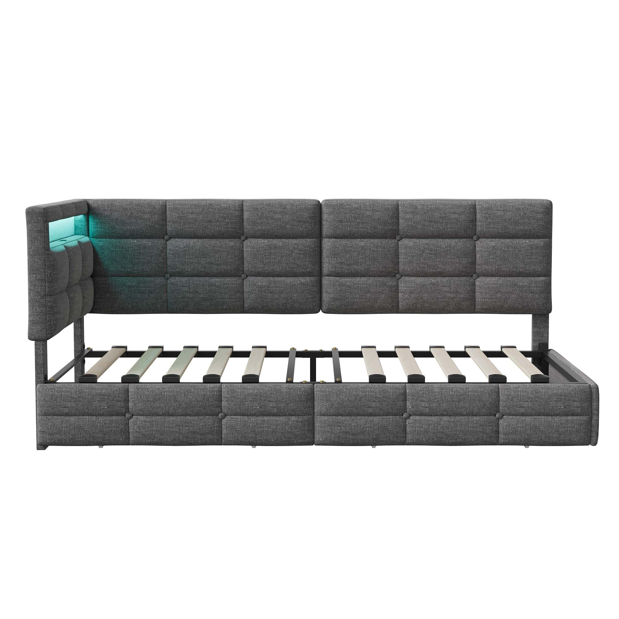 Letto Singolo 90x200 cm con Presa USB e LED, Letto a L con Cassetti e Testiera Imbottita, Struttura Letto, per Camera Ragazzi e Ospiti, Grigio, lino