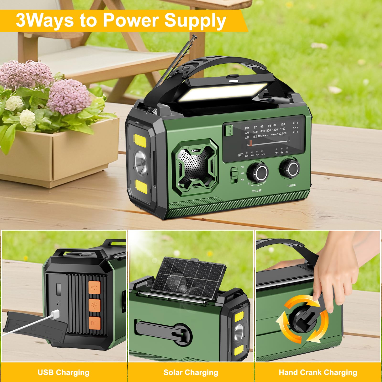 Radio de manivela de 27000 mAh, radio de emergencia FM/AM con Bluetooth, radio solar portátil con cargador para móviles, radio de emergencia con alarma SOS/linterna/brújula para camping al aire libre