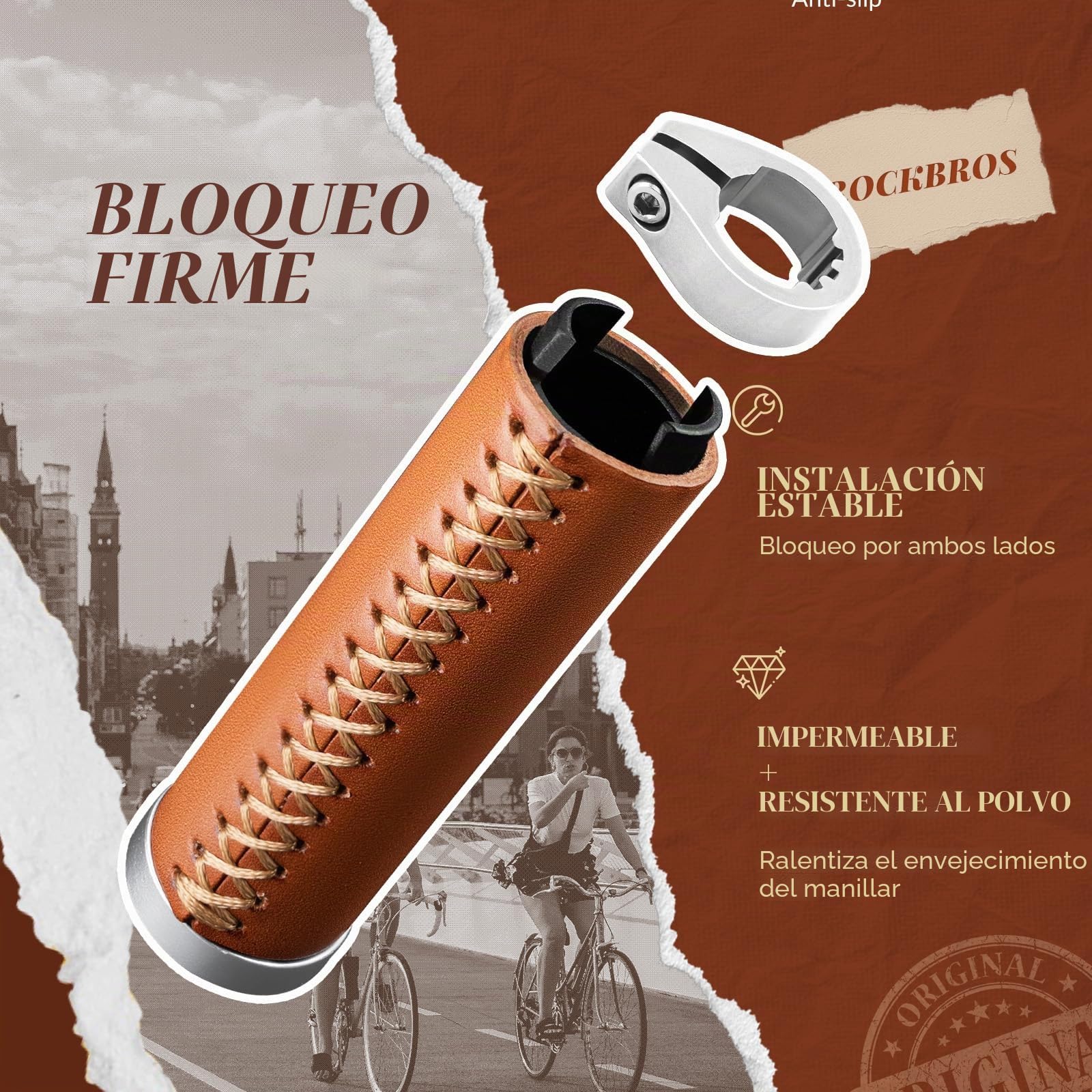 ROCKBROS Puños de Bicicleta Ergonómico, Empuñaduras de Cuero Vintage para Bicicleta Montaña y Urbana Mango de Bicicleta 22mm, Marrón