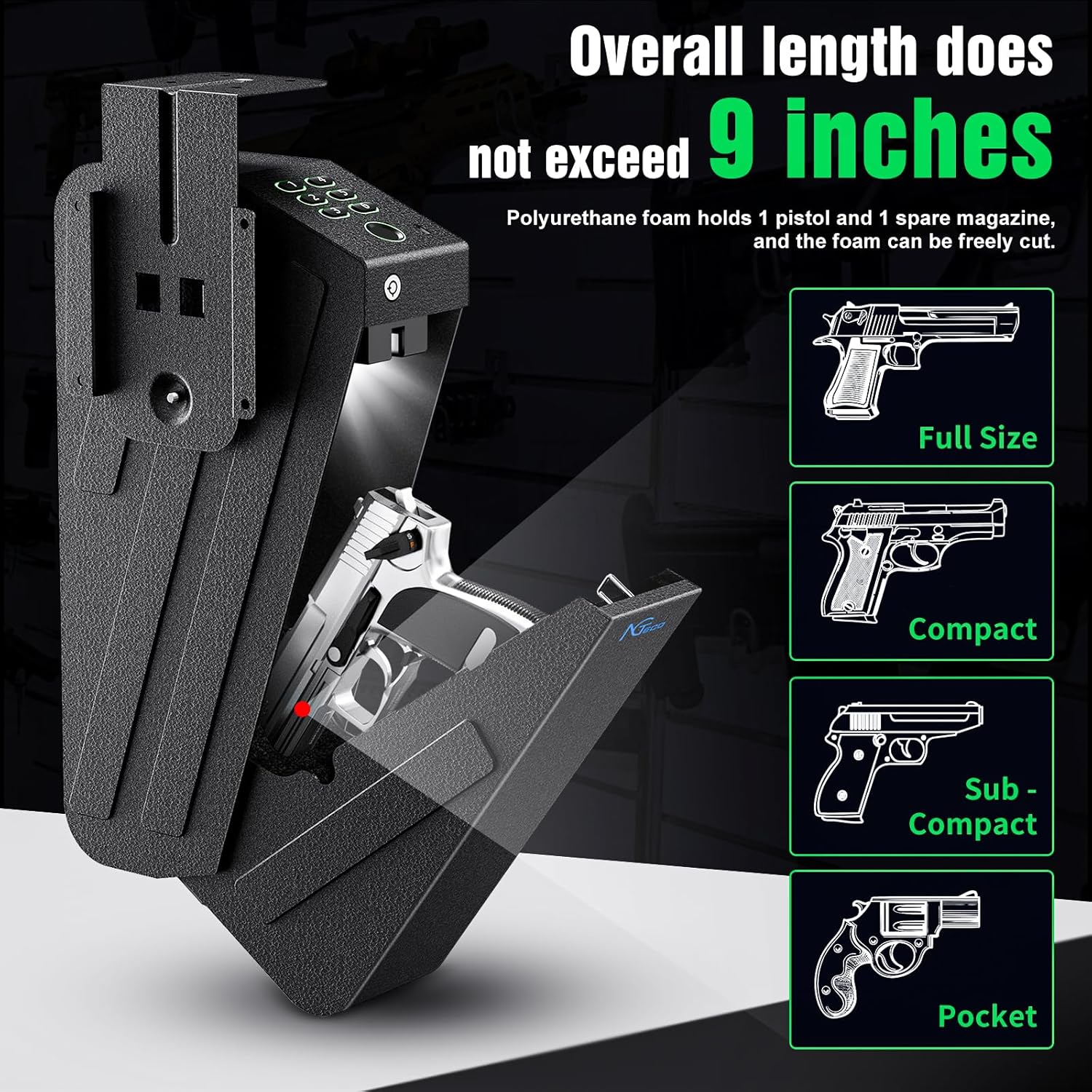NGTeco Biometric Gun Safe for Handgun - Hidden Pistol/Handgun Safe, Fingerprint Gun Safe with Passcode & Backup Key, Secure Steel Drop-Down Mounted Hidden Gun Storage