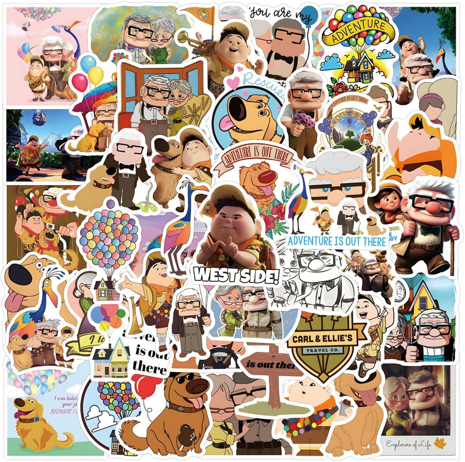 50PCS Pixa Movie UP Stickers for Kids, Cute Water Bottle Stickers for Kids Waterproof, Vinyl Laptop Kid Sticker Pack (Black)