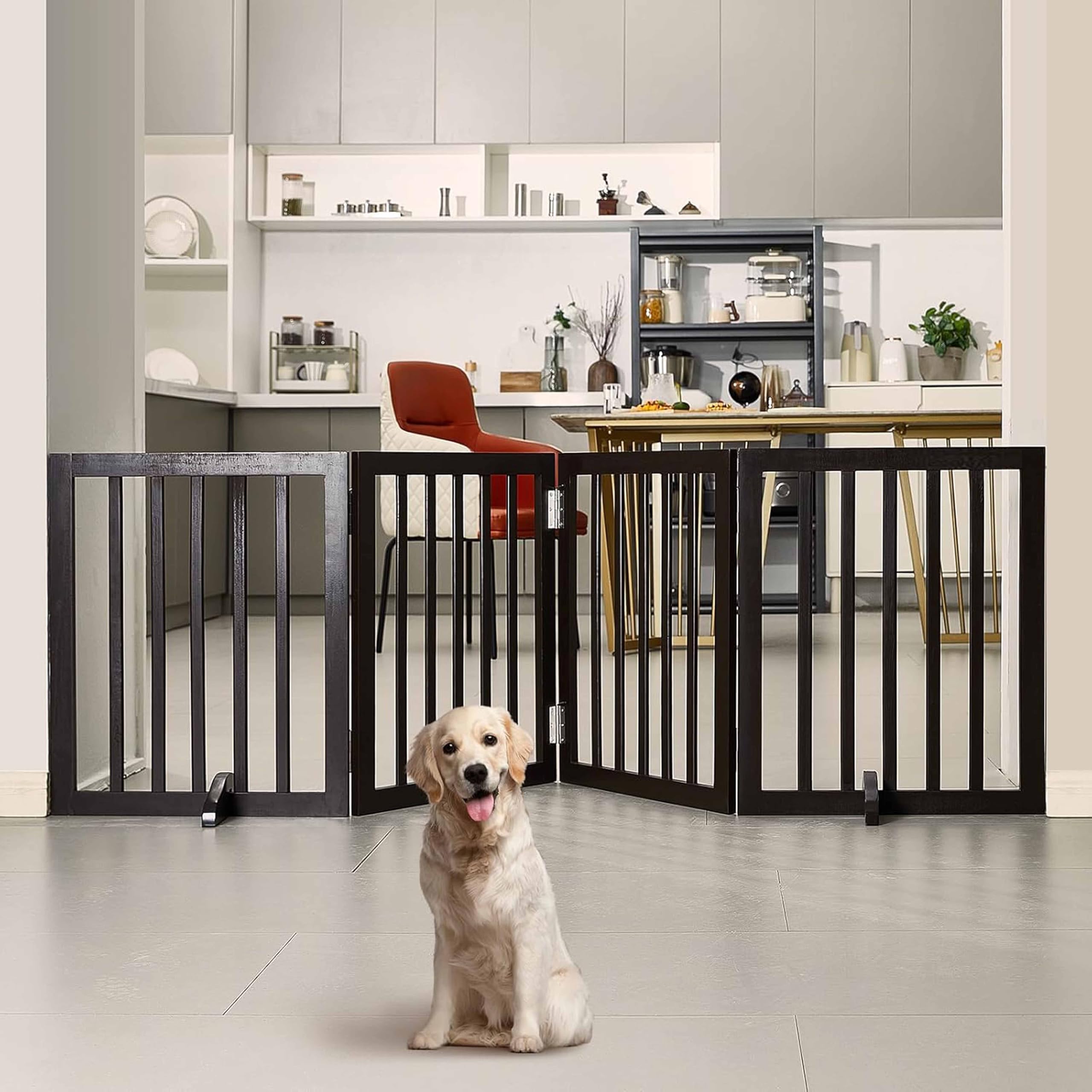 Belief Wood | Freestanding Dog Gate | Foldable Wooden Pet Safety Gate for Dogs & Kids | Indoor Barrier with Support Feet for Stairs, Doorways, Hallways & Kitchens - 24" (Brown, 4 Panel)-image-37