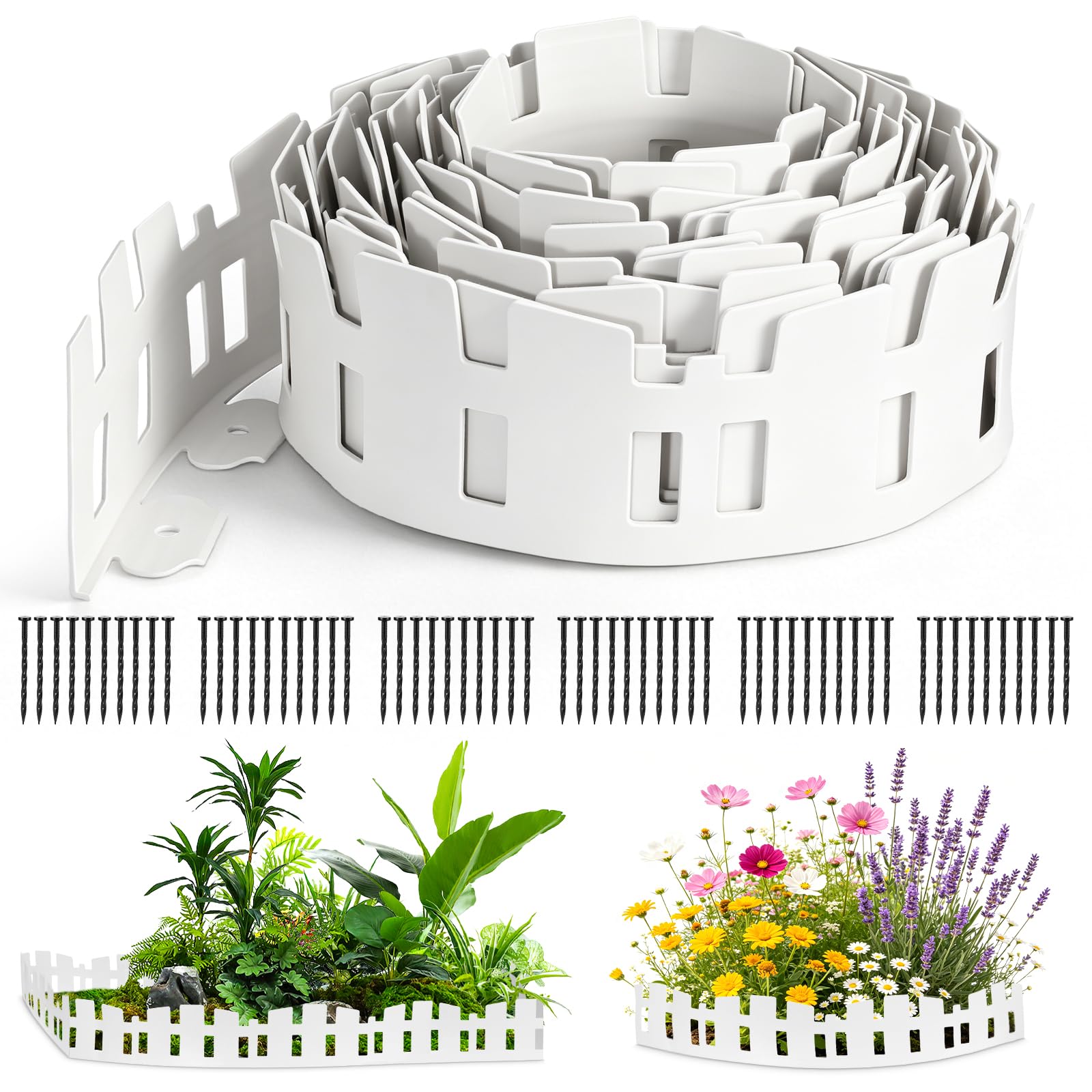 5pcs Lawn Edging Border, 10M Garden Edging Border with 60 Reinforced Pegs,4inch Tall White Flexible Trimmable Garden Decorative Landscape Lawn Edging for Flower Bed, Paths, Lawns, Grass, Landscape
