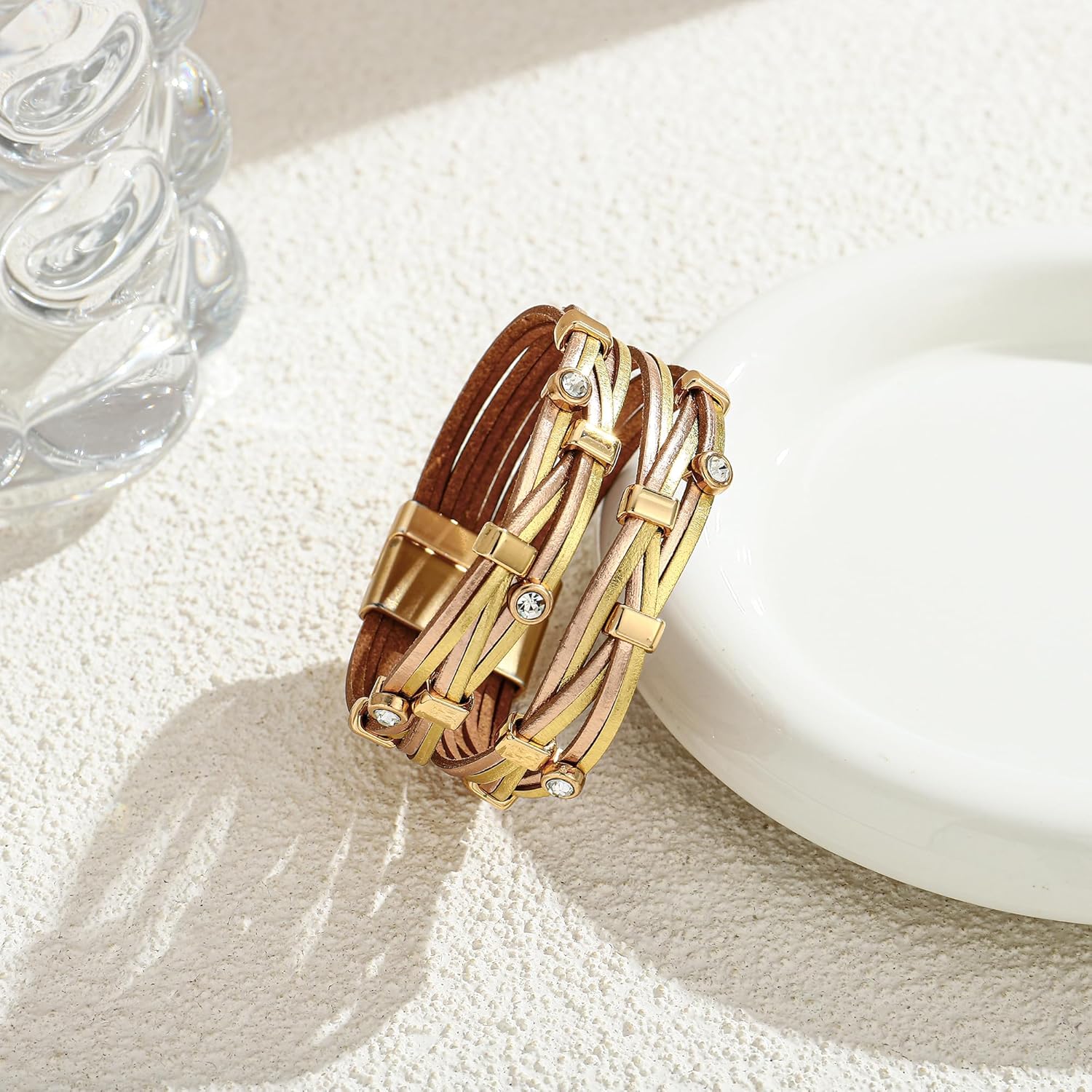 Leather Wrap Bracelets for Women Boho Multi-Layer Crystal Beads Cuff Bracelet Handmade Stackable Leather Braclet Jewelry - Image 3