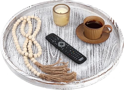 Miniatura 6 de Gurfuy Bandeja redonda de mesa otomana de 12 pulgadas, bandeja de madera rústica para mesa auxiliar decorativa de granja, bandejas de mesa de café
