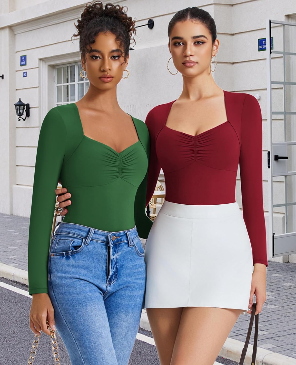 Avidlove Women's Sexy Sweetheart Neckline Bodysuit Tops Long Sleeve Double Lined Thong Body Suits Ruched Outfits - Image 5