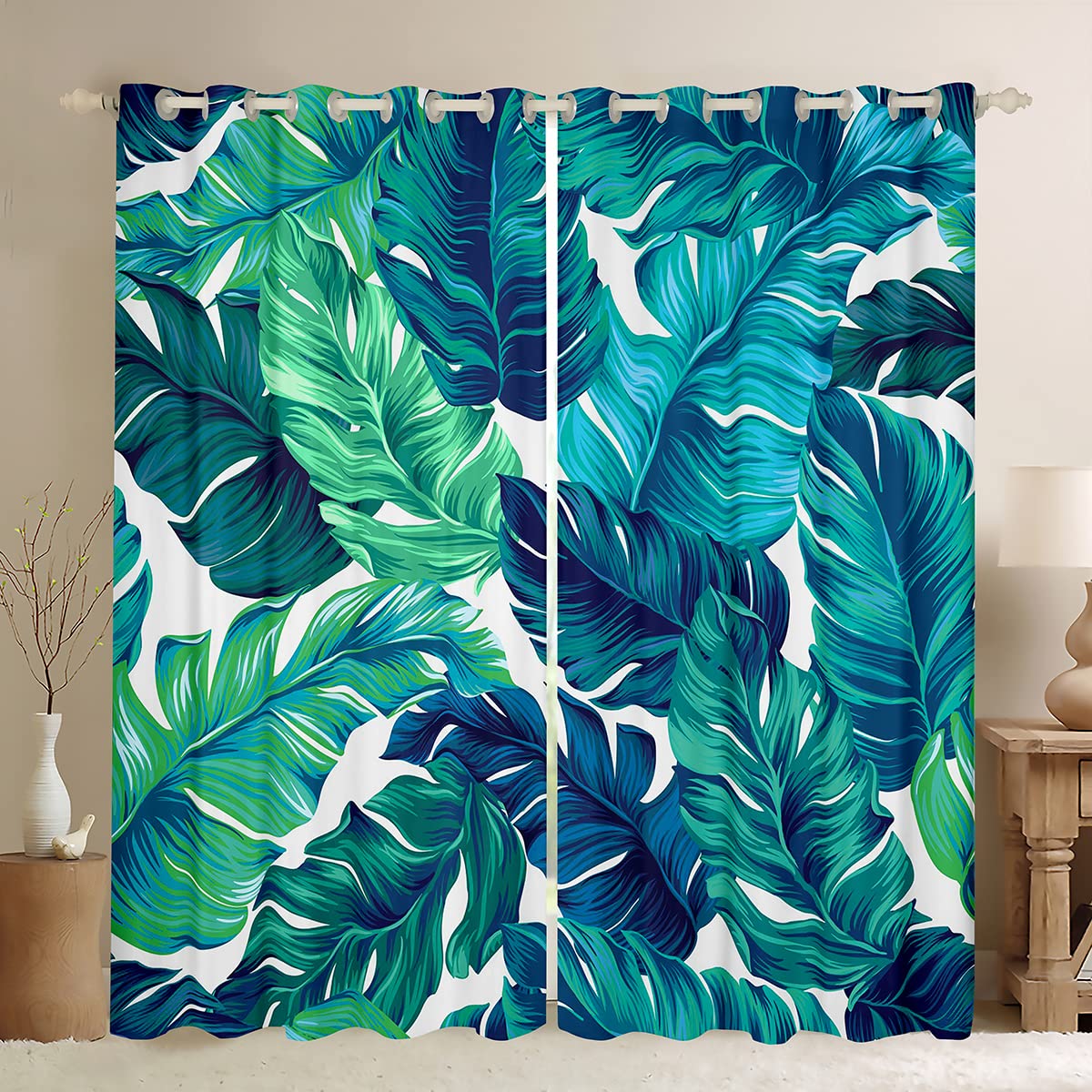 Loussiesd Palm Leaf Curtain for Boys Bedroom Kids Toddler Palm Tree Print Window Treatments Hawaiian Tropical Plam Window Drapes Home Decor Curtain Nature Window Treatment W66*L72 — image 1