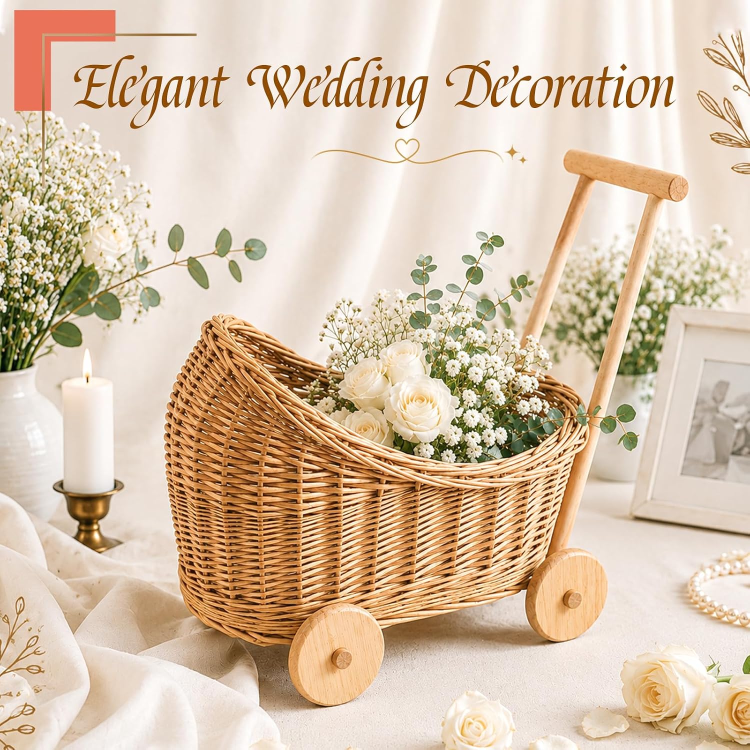 Wicker Baby Carriage 18.11"L x 12.01"D x 18.5"H Flower Basket Cart with Wheels Natural Woven Rattan Floral Display Stroller Style for Wedding Baby Shower Bridal Party Garden Home Decor Photo Props image 4