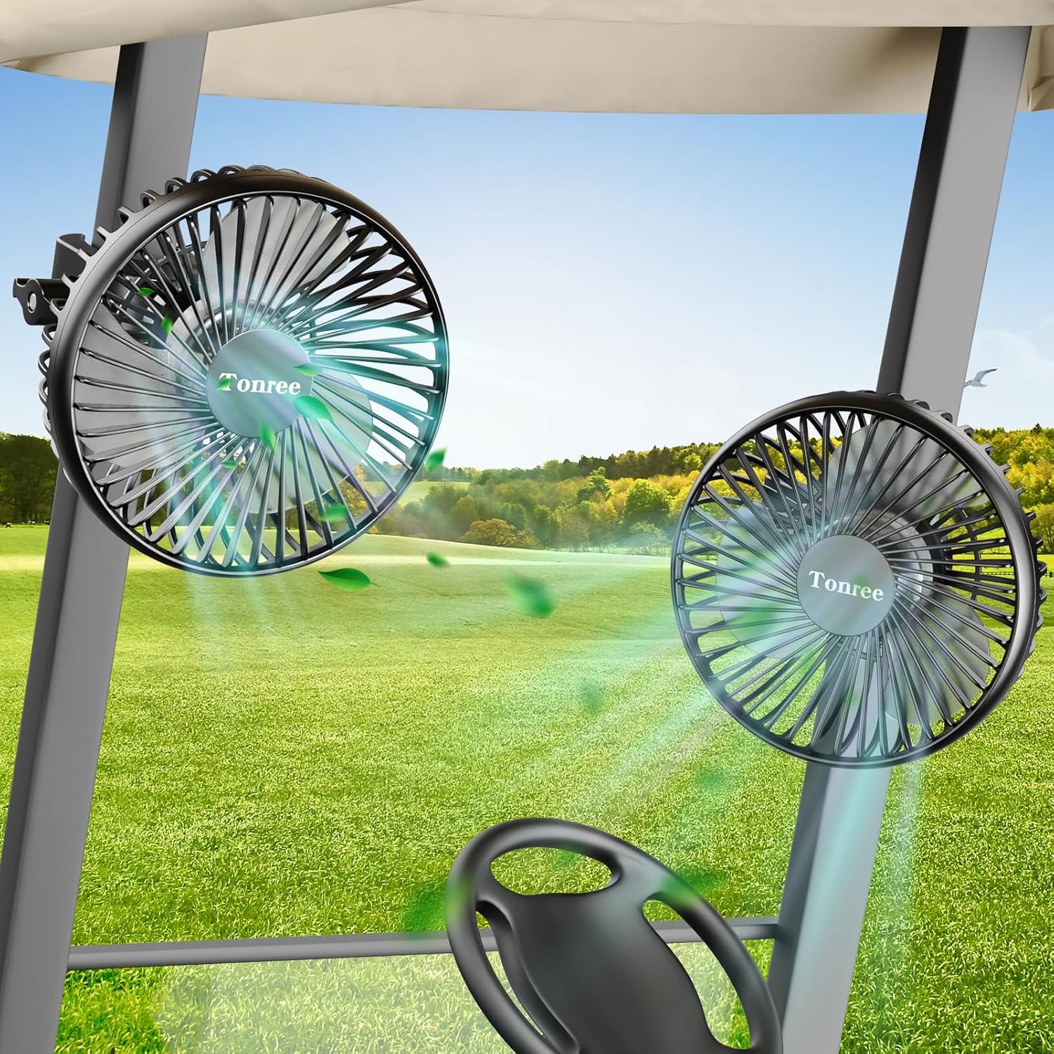 5.1'' Golf Cart Fan 2 Pack, Portable USB Clip Fan for EZGO, Club Car, Yamaha, Strong Airflow and Low Noise, 3 Speed, 360° tilt, 10sec Quick Mount, Waterproof, for Travel Camping Gym Outdoor Car Home