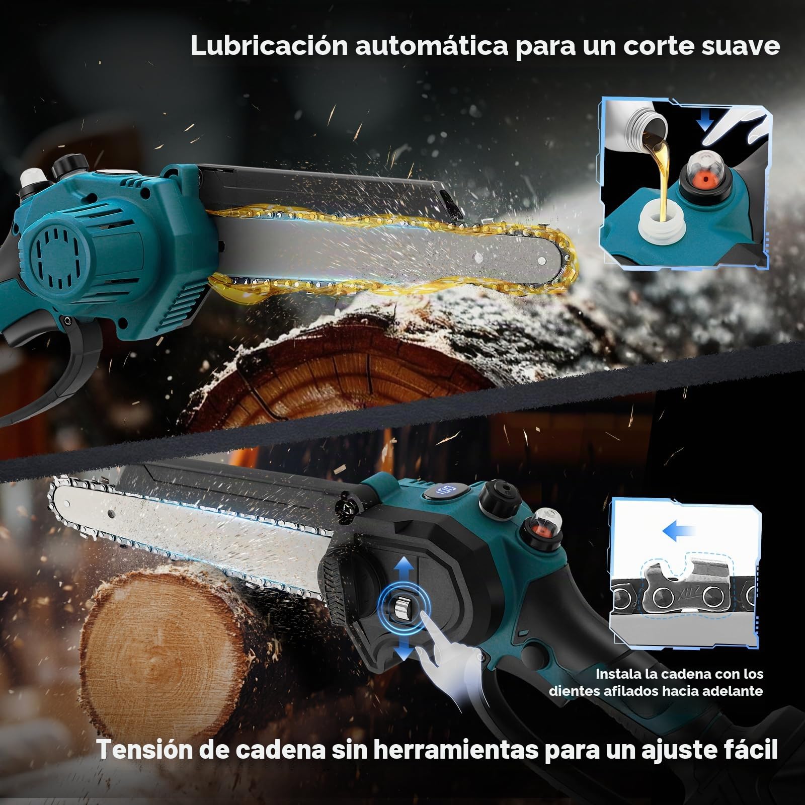 Sierra de Cadena Inalámbrica 8 Pulgadas, Mini Motosierra con 2 Baterías y Motor 950W. Hoja Convertible 6 u 8 Pulgadas Para Madera, Poda de Ramas y Jardinería (Blue)