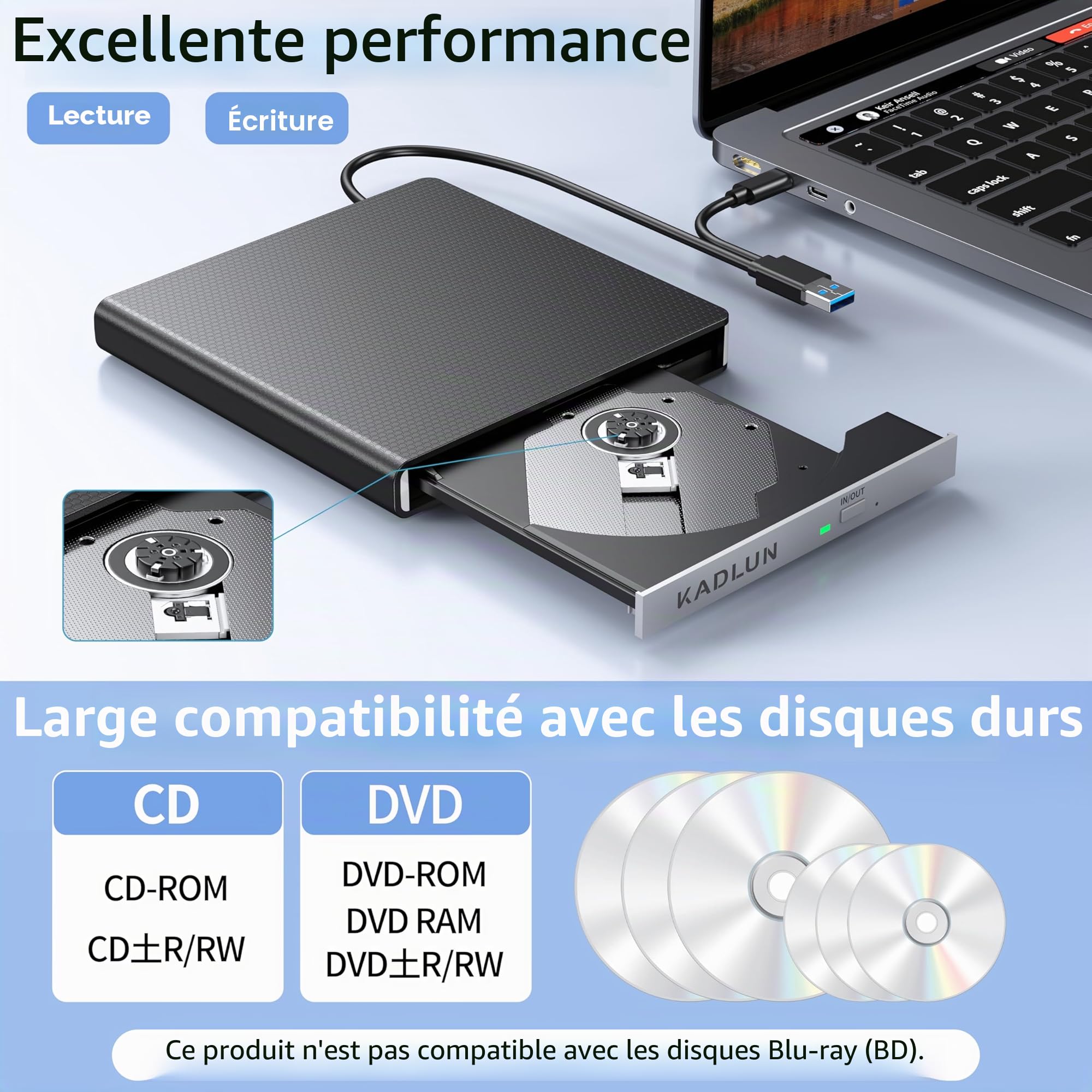 Lecteur CD DVD Externe USB 3.0 USB C Lecteur CD Externe pour Ordinateur Portable Bureau PC Macbook iMac, Graveur DVD +/-RW Lecteur Optique Externe DVD Lecteur DVD pour Windows 11/10/8/7/XP/Linux/Vista