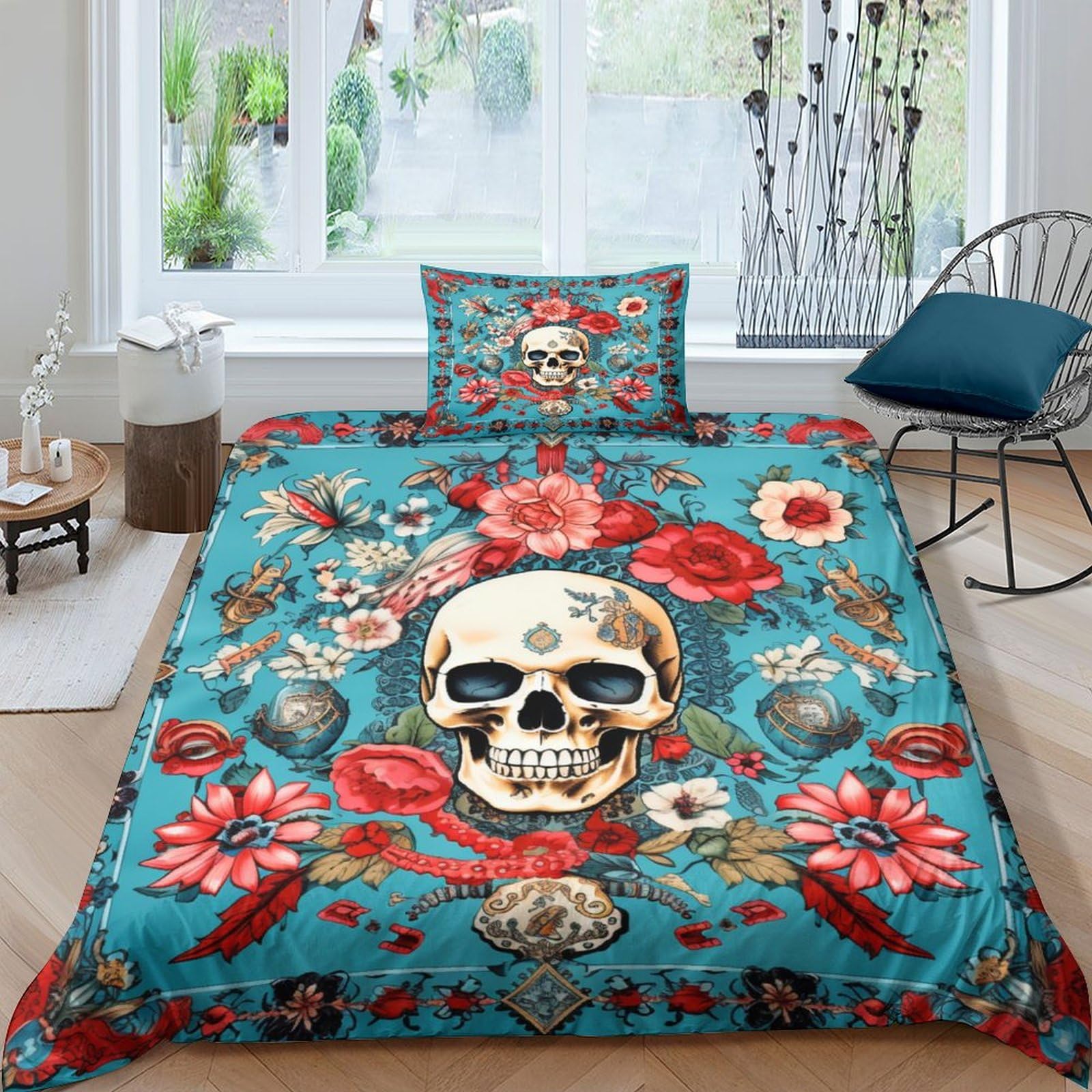 Housse de couette crâne rose 3D gothique en microfibre lit simple avec taies