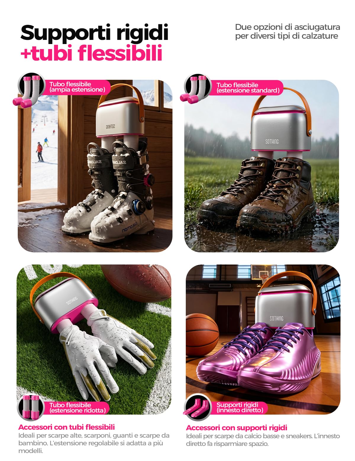SOTHING Asciug scarpe elettrico con ozono per scarpe da calcio e scarponi | Flusso 360° per scarpe da calcio e sci, tubi flessibili, ozono antiodore, 3 livelli, timer 1–9 ore e borsa portaoggetti.