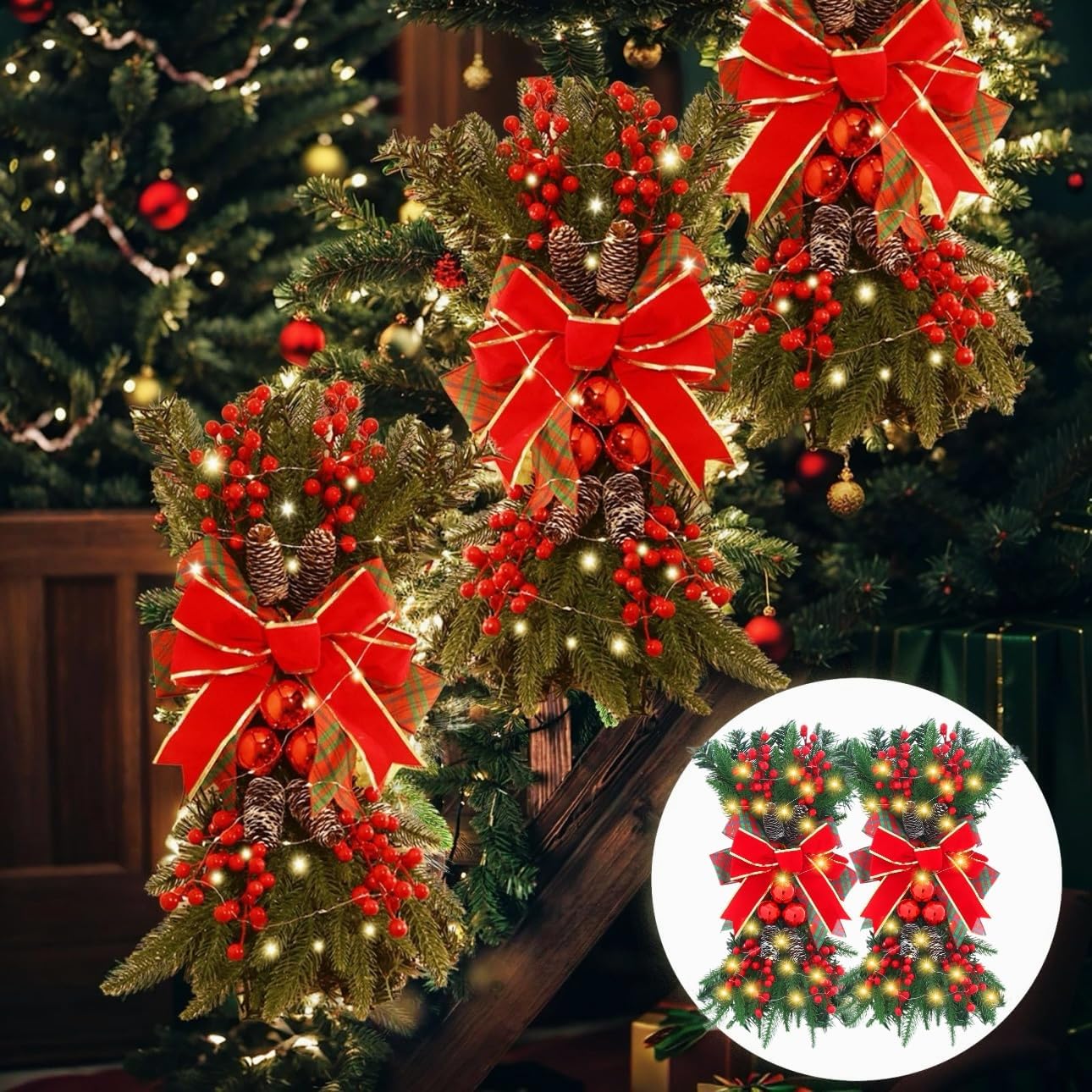 2/4PC Christmas Artificial Swags 24 in Prelit Flocked Xmas Door Stair Swags Teardrop Swag Cordless Christmas Stairway Decoration with LED Artificial Rails Swag Wreaths for Indoor Outdoor (B-2PC)