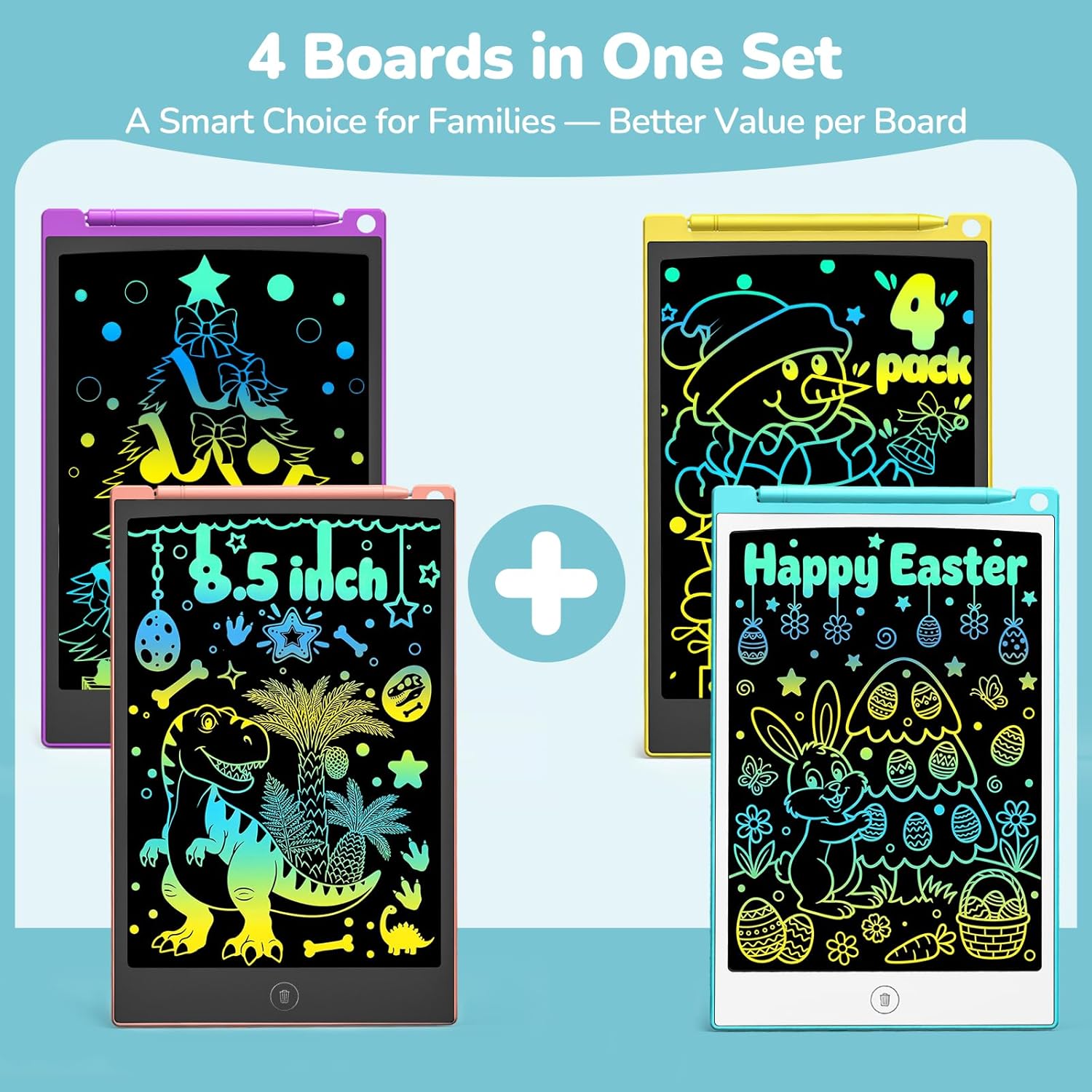 TECJOE 4 Pack LCD Writing Tablet, 8.5 Inch Colorful Drawing Board, Kids Travel Games Activity Learning Toys, Birthday Gifts for 3-8 Year Old Boys Girls Toddlers Preschooler